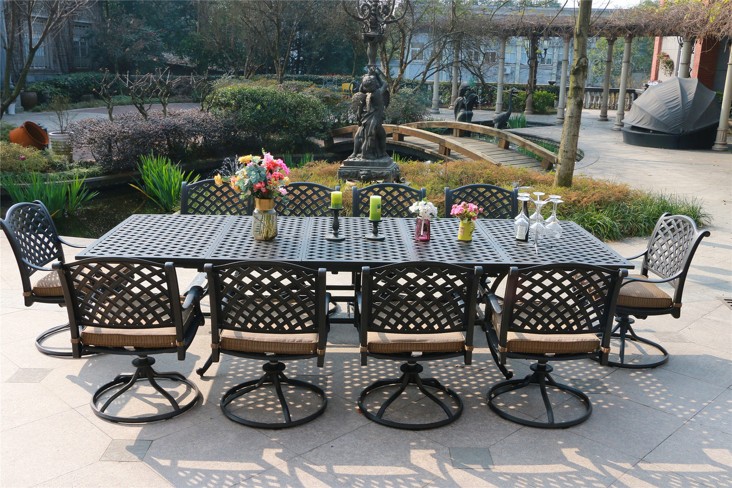 Rectangular 10 - Person 126.38' Long Dining Set with Dupione Brown Cushions