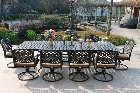 Rectangular 10 - Person 126.38' Long Dining Set with Dupione Brown Cushions