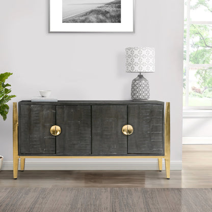 Tali 48 Inch Accent Sideboard Buffet Cabinet, 2 Doors with Gold Round Handles, Saw Marked, Charcoal Gray Acacia Wood