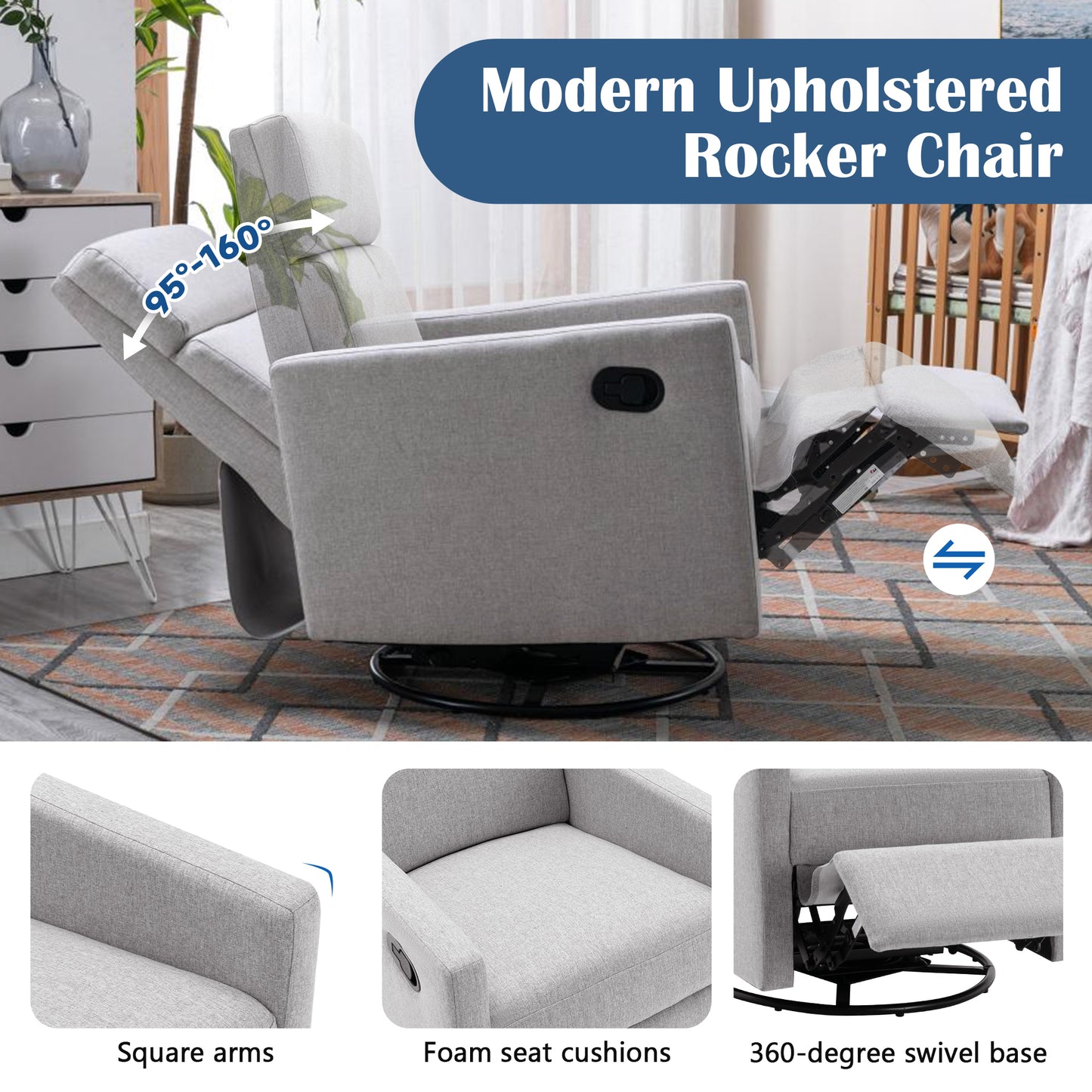 1st Choice Modern Rocker Seating Glider Swivel Recliner Chair in Gray