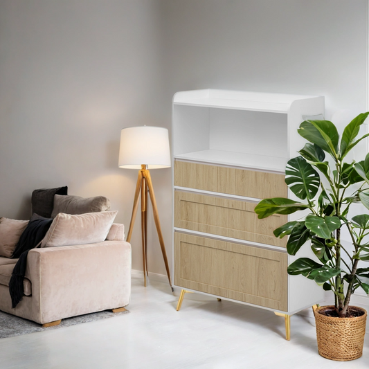 Three drawer storage cabinet, can be used in dining room, kitchen, bedroom. White solid wood frame