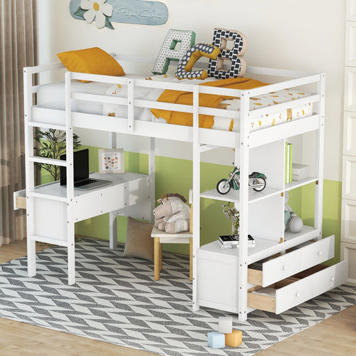 1st Choice Twin Size Loft Bed with Built-in Desk with Two Drawers in White