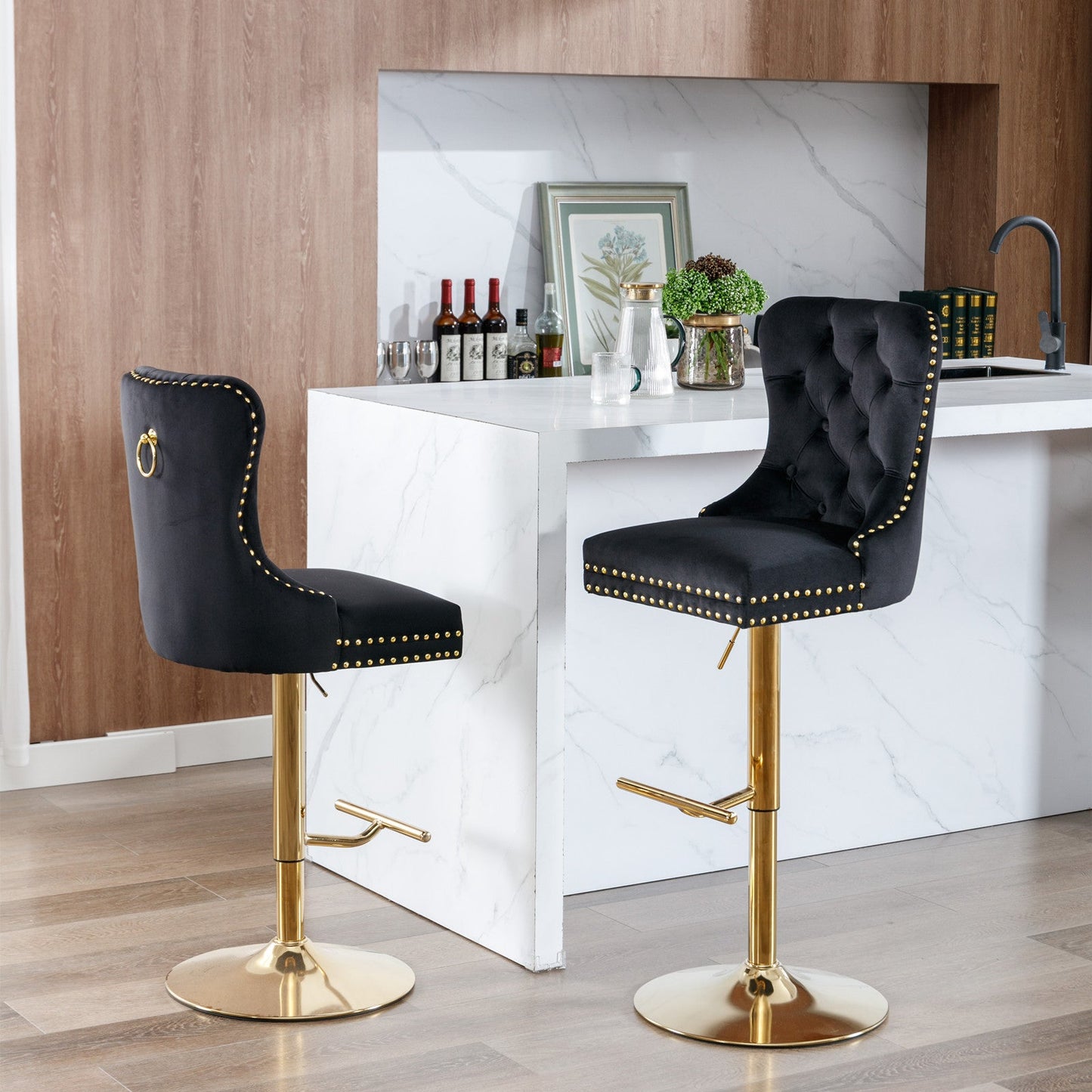 A&A Furniture Modern Swivel Velvet Barstools with Adjustable Seat Height, Comfortable Black Tufted Upholstery, Set of 2 - 1st Choice Furniture Direct