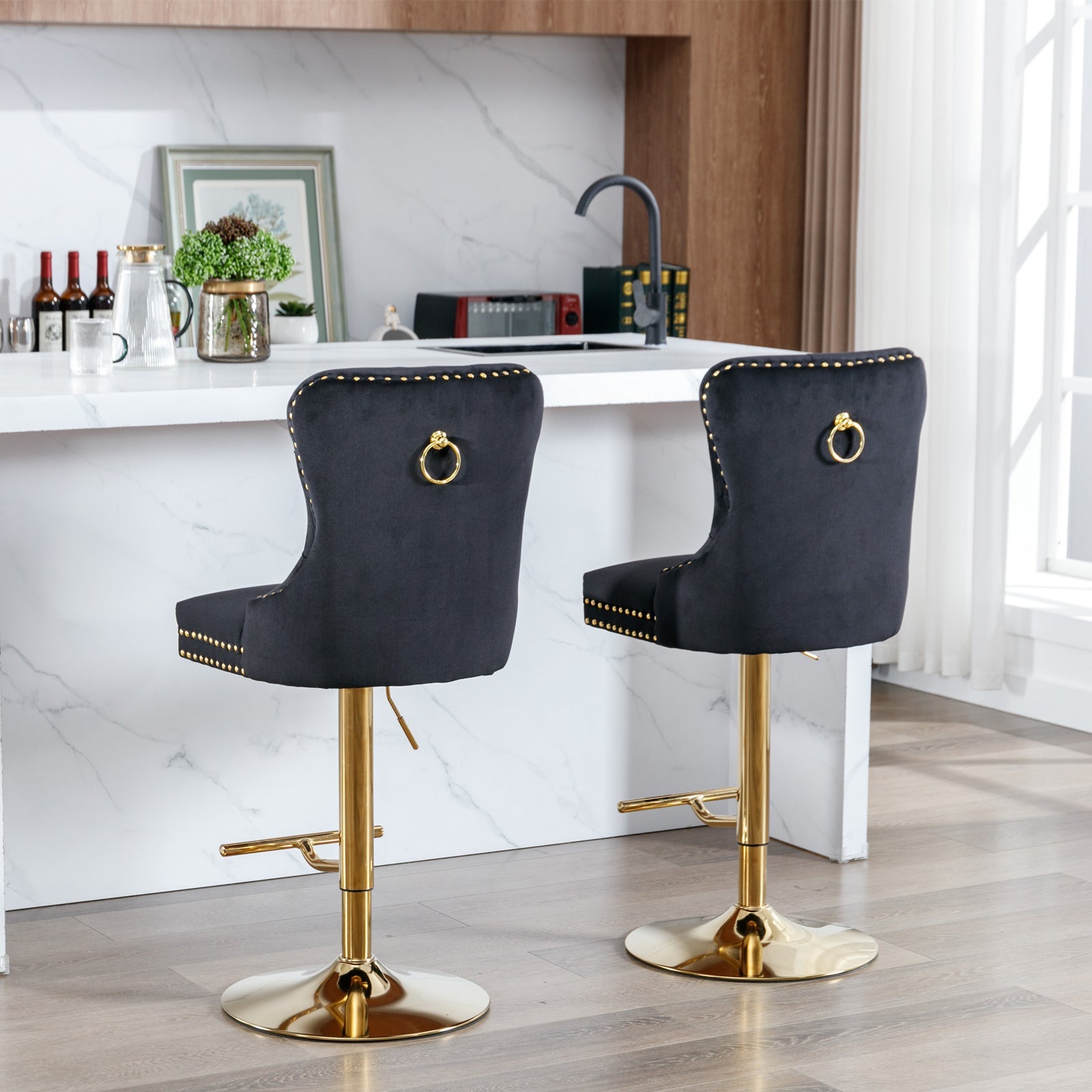 A&A Furniture Modern Swivel Velvet Barstools with Adjustable Seat Height, Comfortable Black Tufted Upholstery, Set of 2 - 1st Choice Furniture Direct