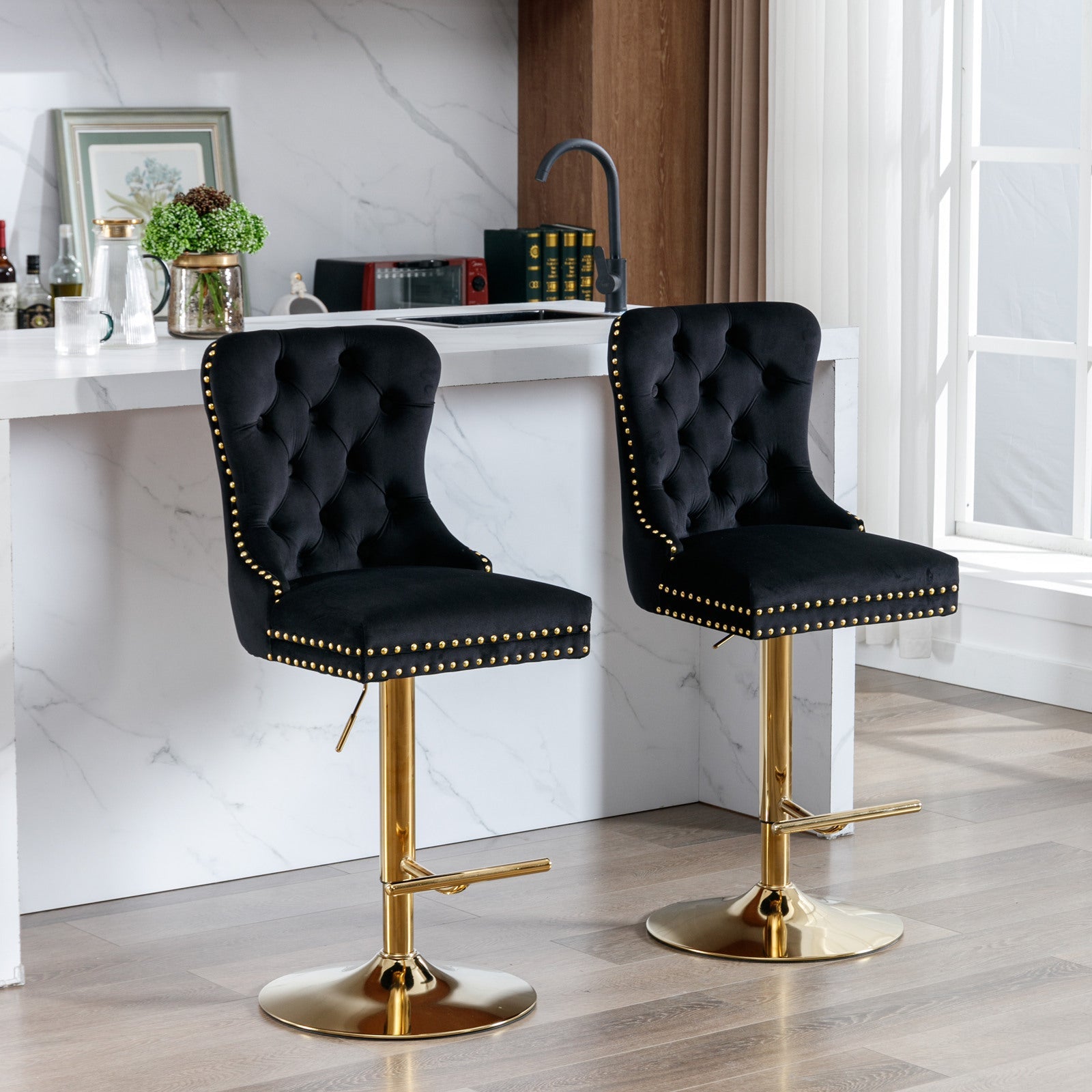 A&A Furniture Modern Swivel Velvet Barstools with Adjustable Seat Height, Comfortable Black Tufted Upholstery, Set of 2 - 1st Choice Furniture Direct