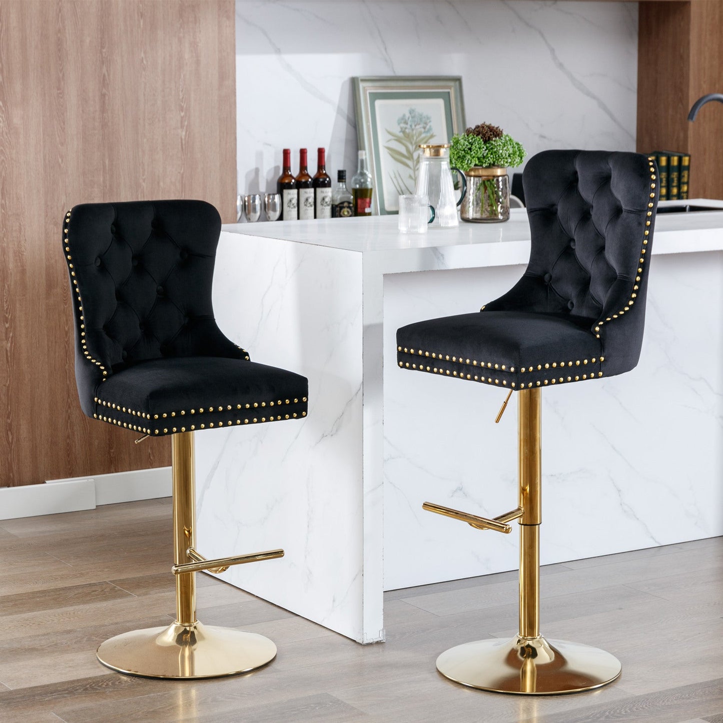 A&A Furniture Modern Swivel Velvet Barstools with Adjustable Seat Height, Comfortable Black Tufted Upholstery, Set of 2 - 1st Choice Furniture Direct
