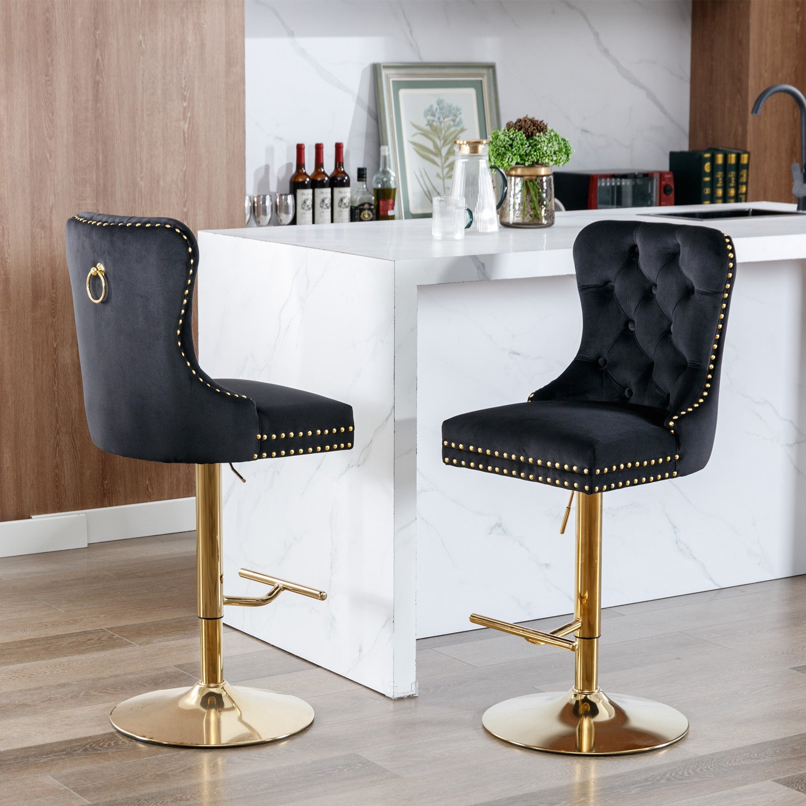 A&A Furniture Modern Swivel Velvet Barstools with Adjustable Seat Height, Comfortable Black Tufted Upholstery, Set of 2 - 1st Choice Furniture Direct
