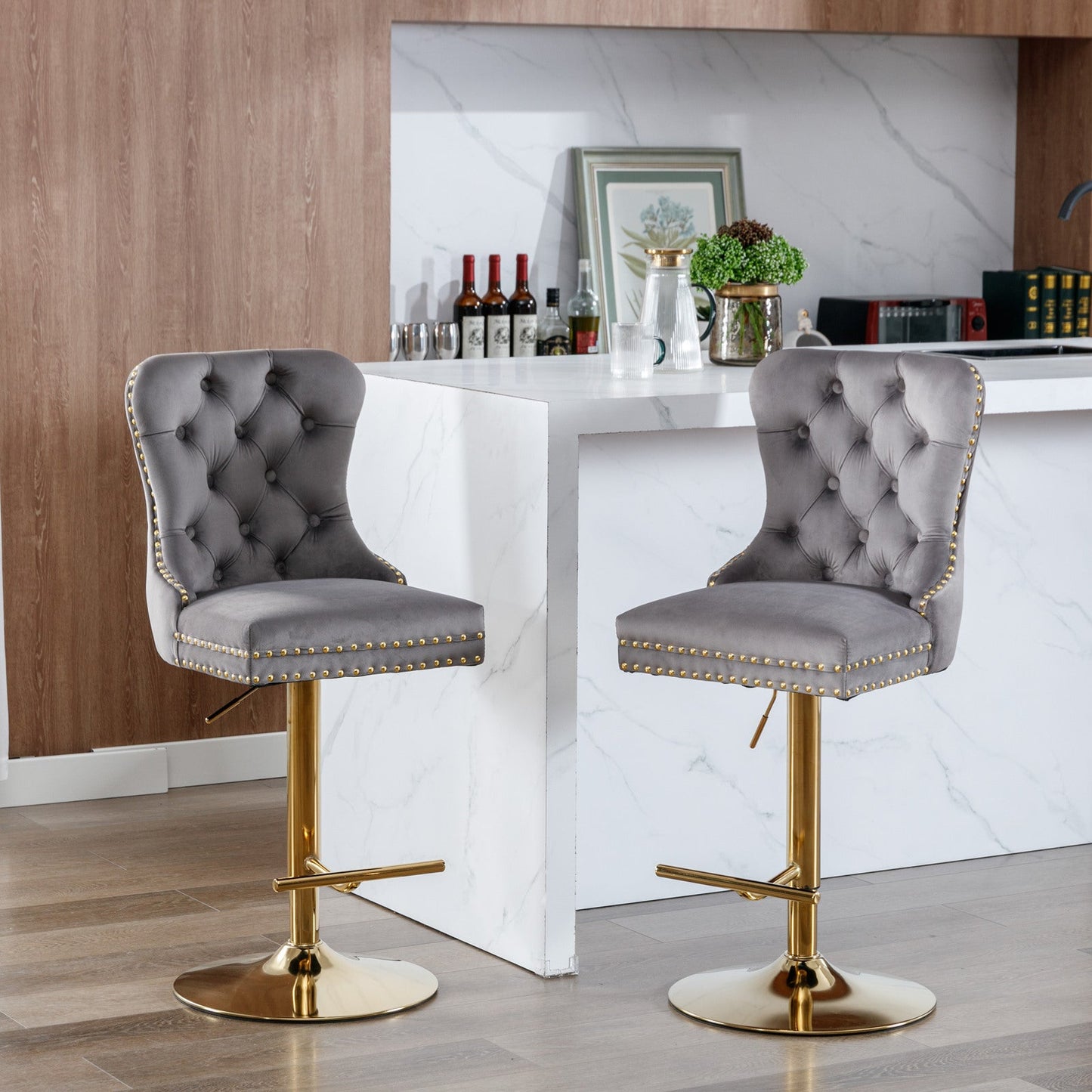 A&A Furniture Modern Upholstered Velvet Bar Stools with Adjustable Swivel Seat Height in Gray, Set of 2 - 1st Choice Furniture Direct