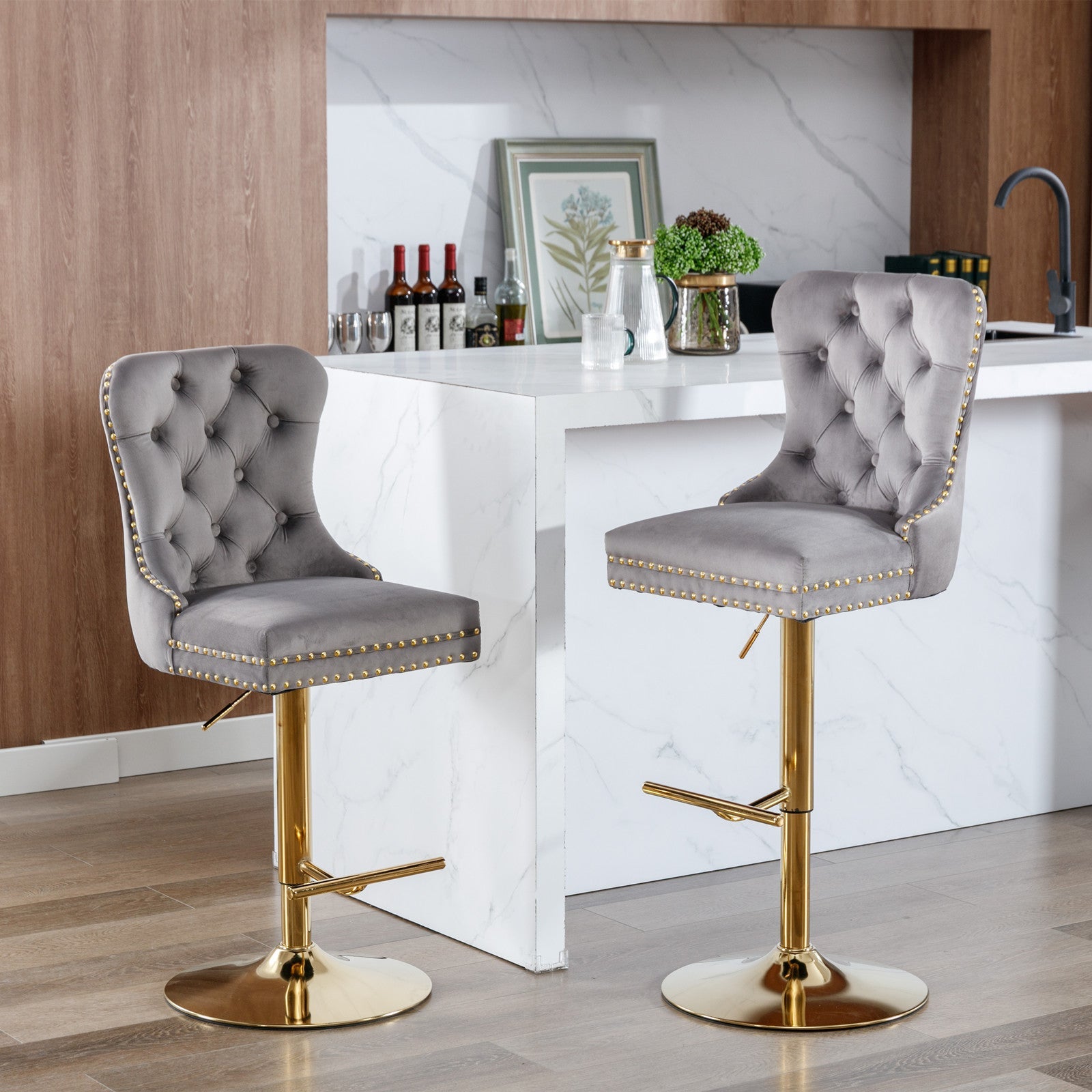A&A Furniture Modern Upholstered Velvet Bar Stools with Adjustable Swivel Seat Height in Gray, Set of 2 - 1st Choice Furniture Direct