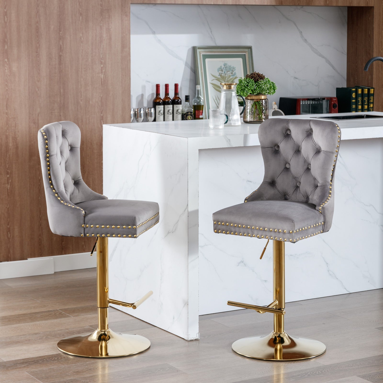 A&A Furniture Modern Upholstered Velvet Bar Stools with Adjustable Swivel Seat Height in Gray, Set of 2 - 1st Choice Furniture Direct