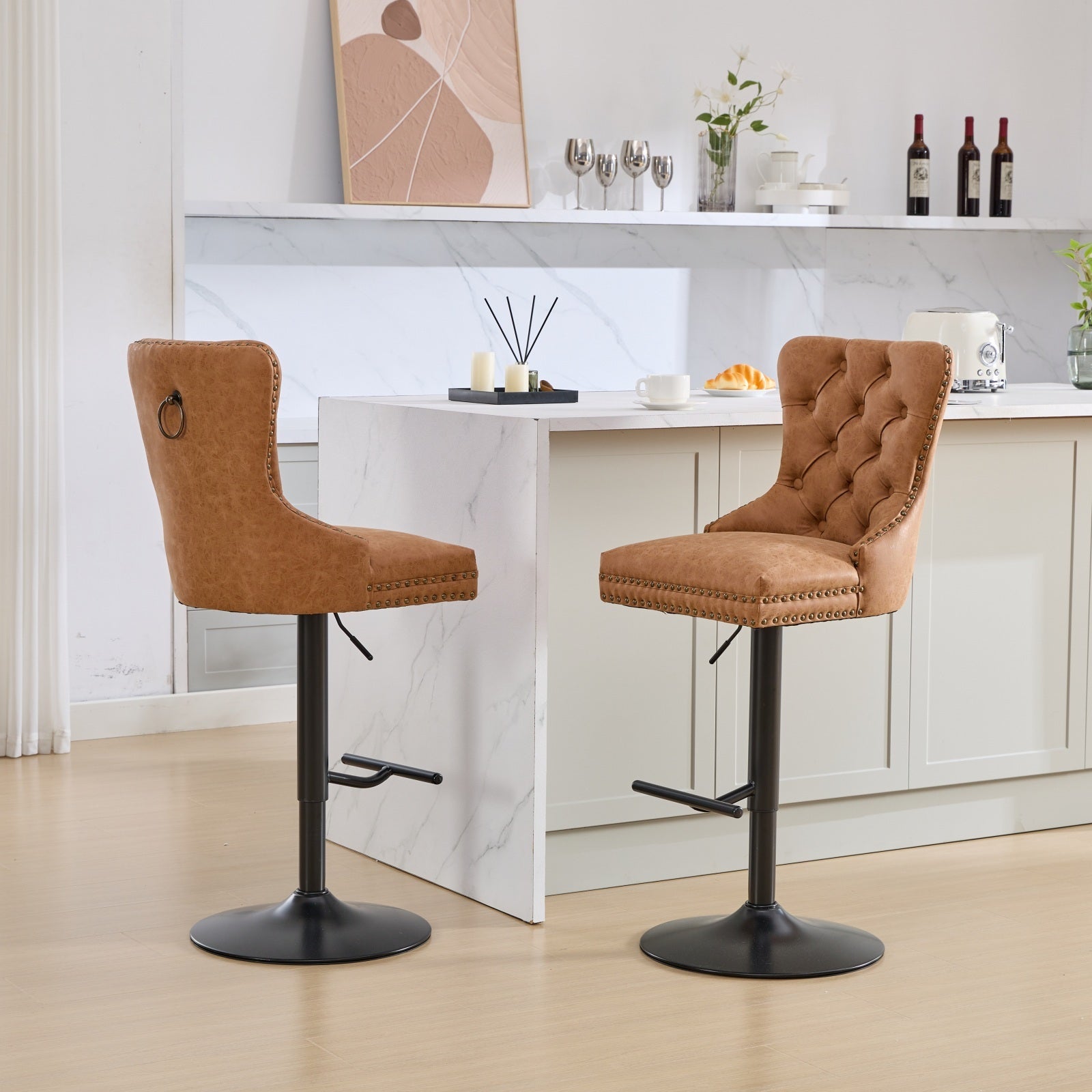 A&A Furniture,Aged and Retro PU Swivel Barstools Adjusatble Seat Height from 26 - 33 Inch, Modern Bar Stools with Backs Comfortable Tufted for Home Pub and Kitchen Island (Orange,Set of 2) - 1st Choice Furniture Direct