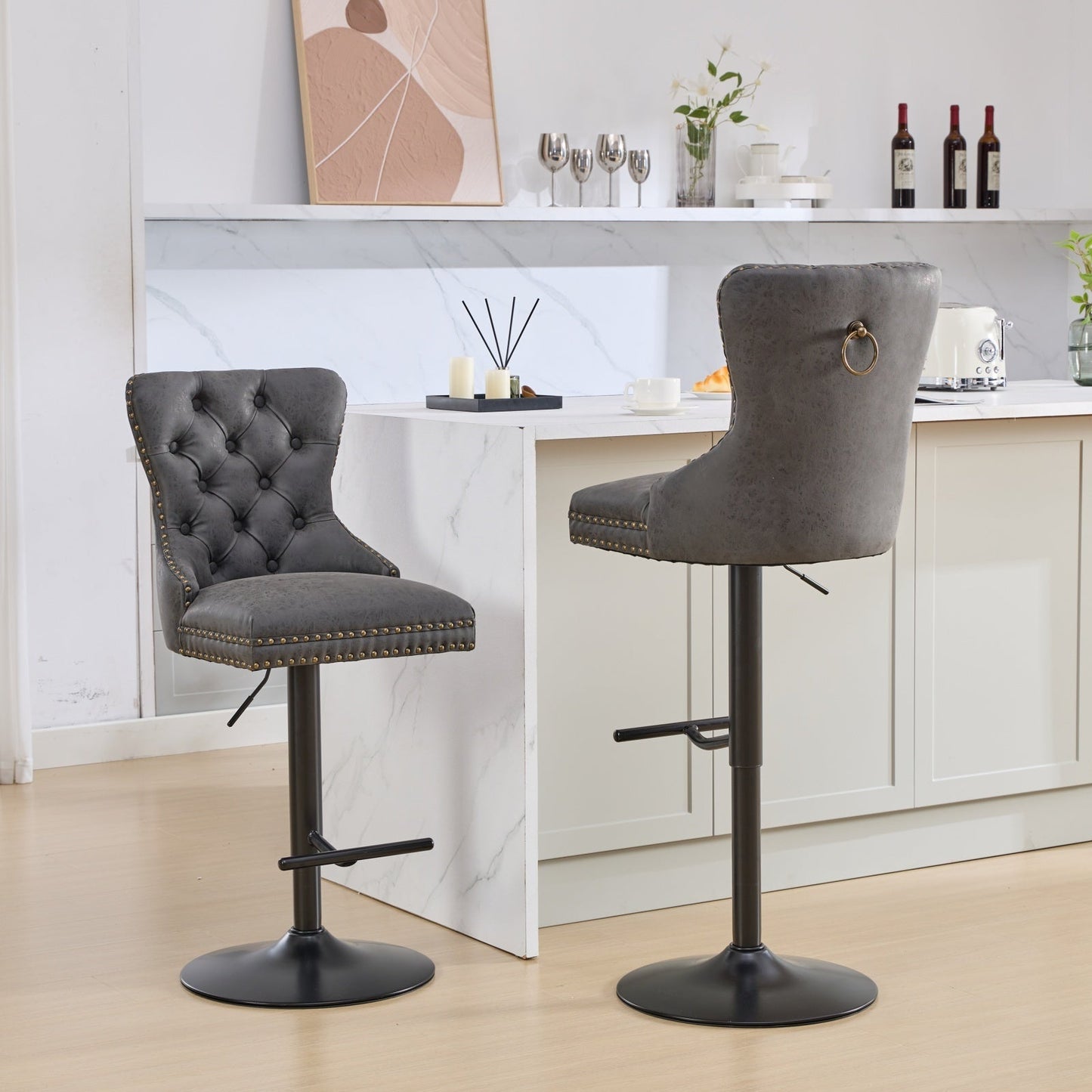 A&A Furniture,Aged and Retro PU Swivel Barstools Adjusatble Seat Height from 26 - 33 Inch, Modern Bar Stools with Backs Comfortable Tufted for Home Pub and Kitchen Island (Black,Set of 2) - 1st Choice Furniture Direct
