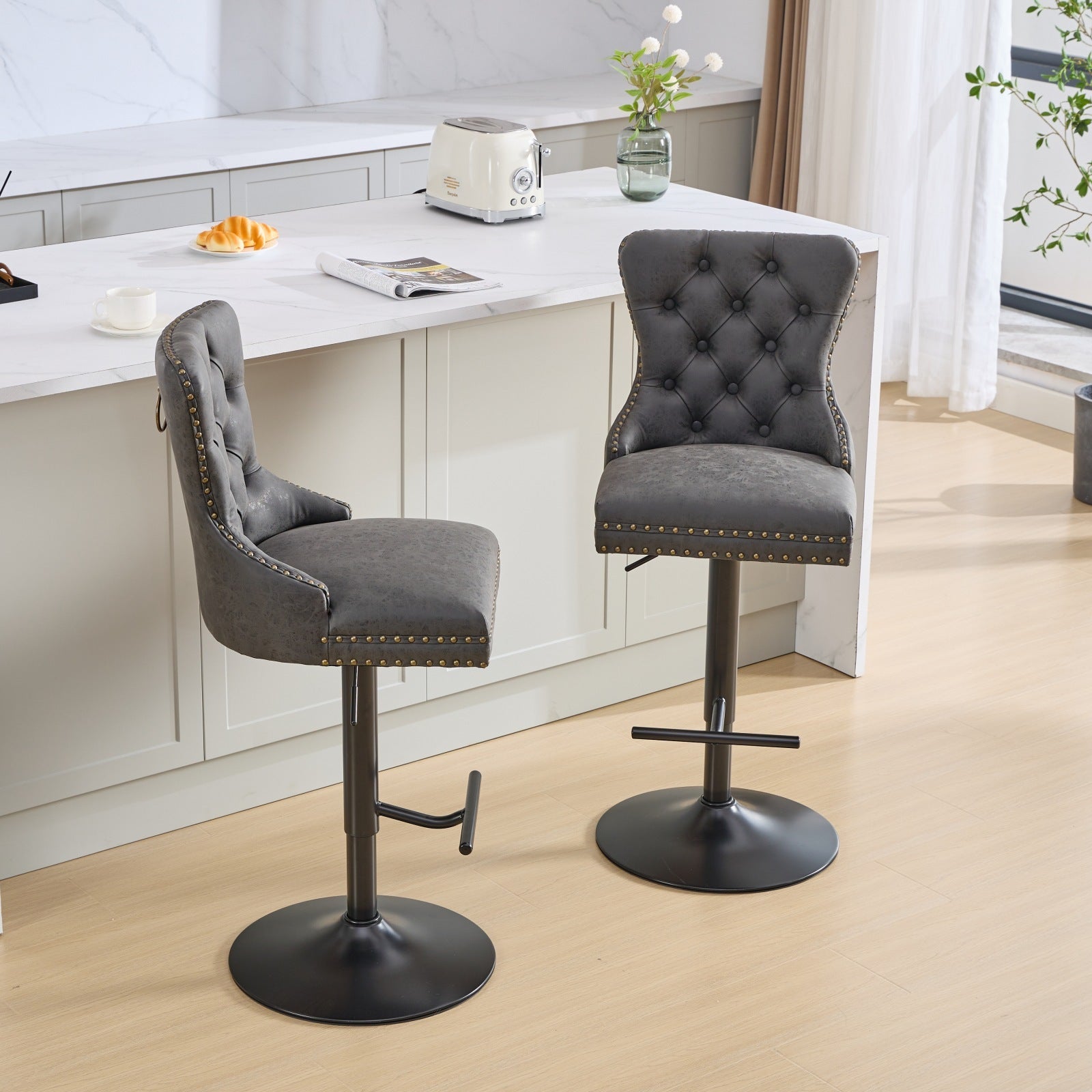 A&A Furniture,Aged and Retro PU Swivel Barstools Adjusatble Seat Height from 26 - 33 Inch, Modern Bar Stools with Backs Comfortable Tufted for Home Pub and Kitchen Island (Black,Set of 2) - 1st Choice Furniture Direct