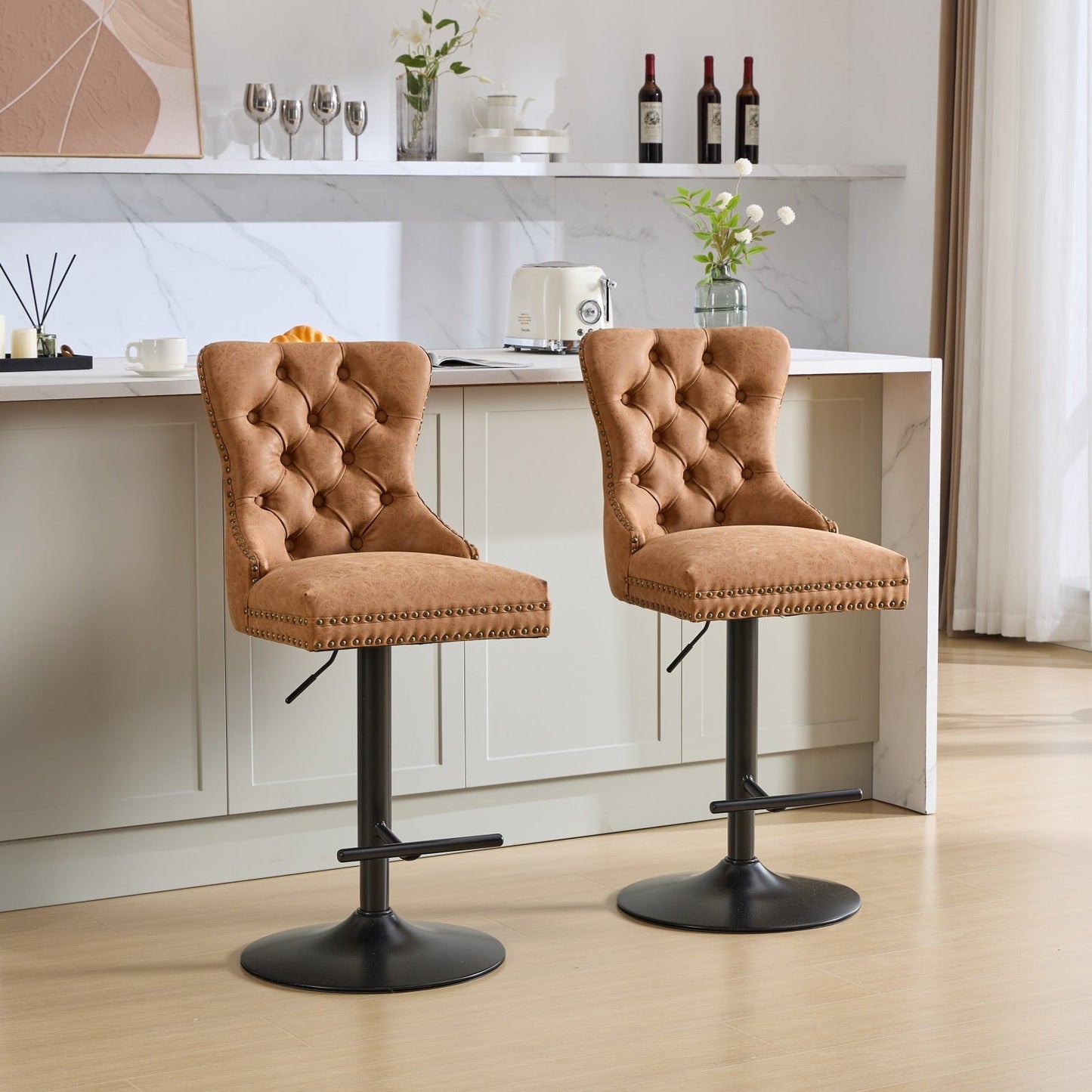 A&A Furniture,Aged and Retro PU Swivel Barstools Adjusatble Seat Height from 26 - 33 Inch, Modern Bar Stools with Backs Comfortable Tufted for Home Pub and Kitchen Island (Orange,Set of 2) - 1st Choice Furniture Direct