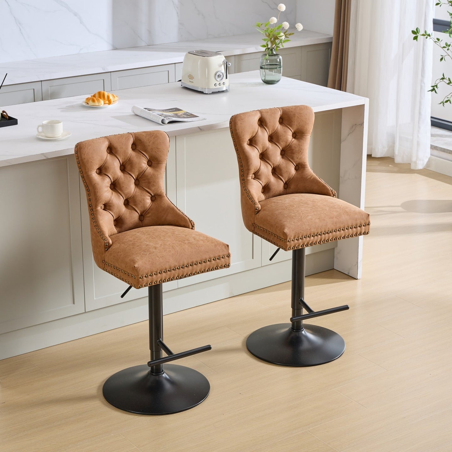 A&A Furniture,Aged and Retro PU Swivel Barstools Adjusatble Seat Height from 26 - 33 Inch, Modern Bar Stools with Backs Comfortable Tufted for Home Pub and Kitchen Island (Orange,Set of 2) - 1st Choice Furniture Direct