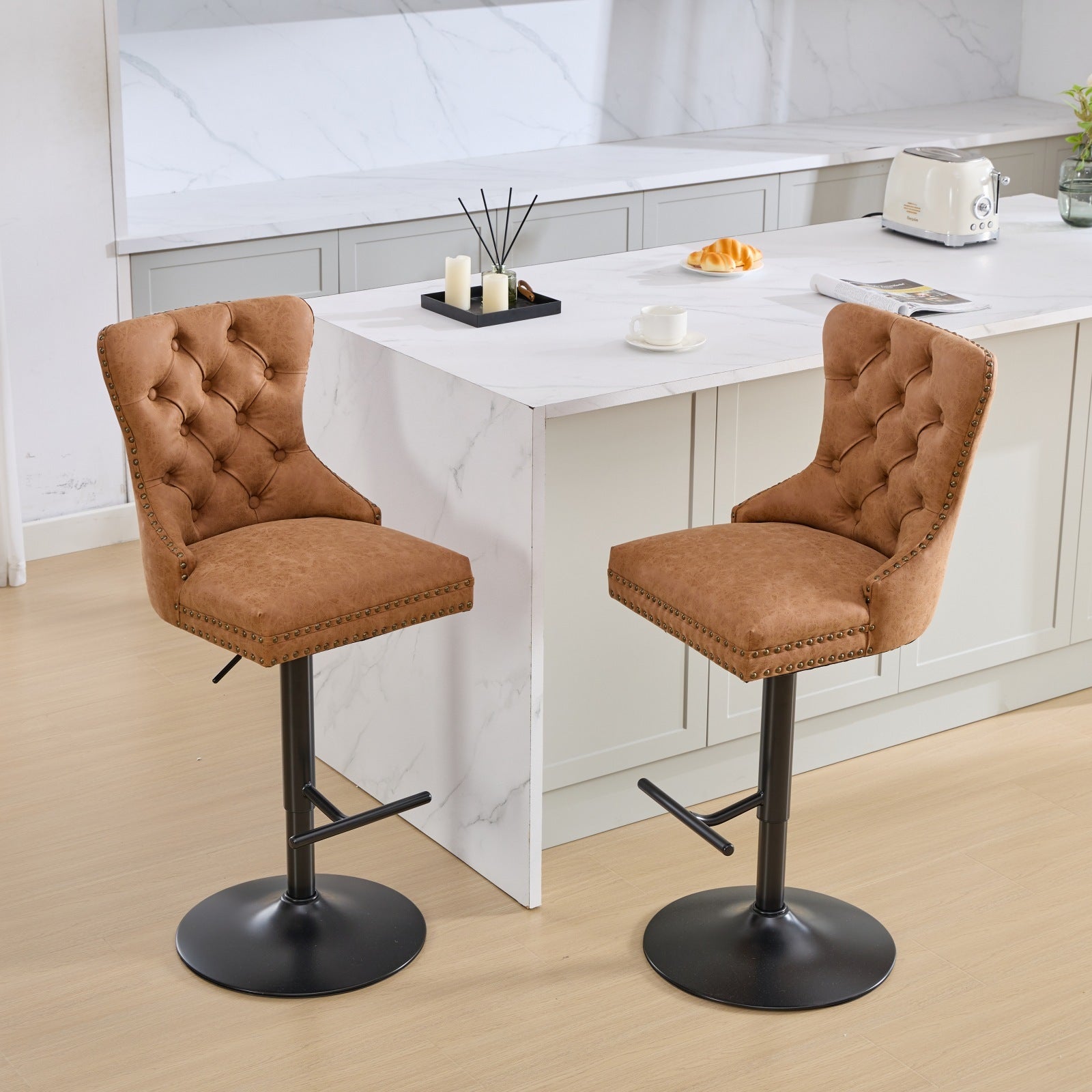 A&A Furniture,Aged and Retro PU Swivel Barstools Adjusatble Seat Height from 26 - 33 Inch, Modern Bar Stools with Backs Comfortable Tufted for Home Pub and Kitchen Island (Orange,Set of 2) - 1st Choice Furniture Direct