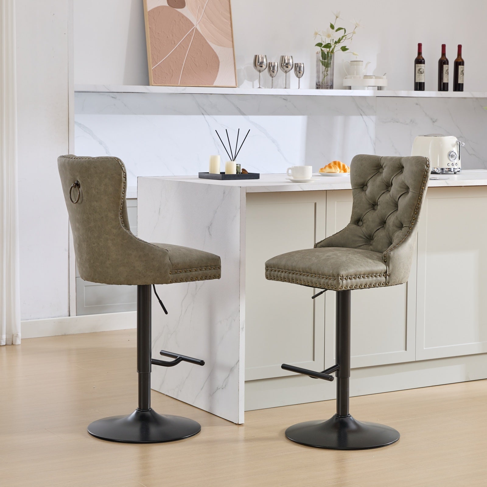 A&A Furniture,Aged and Retro PU Swivel Barstools Adjusatble Seat Height from 26 - 33 Inch, Modern Bar Stools with Backs Comfortable Tufted for Home Pub and Kitchen Island (Olive Green,Set of 2) - 1st Choice Furniture Direct