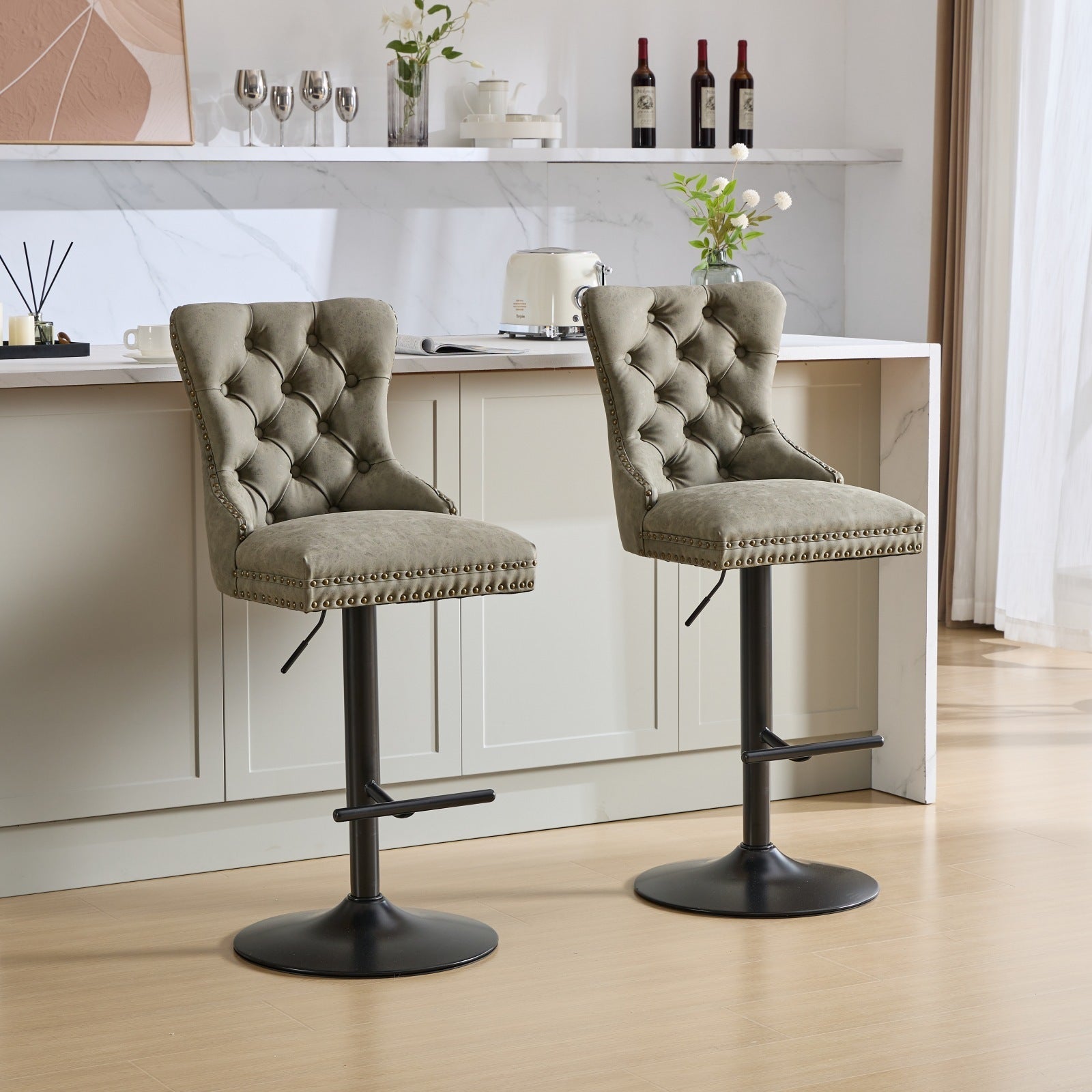 A&A Furniture,Aged and Retro PU Swivel Barstools Adjusatble Seat Height from 26 - 33 Inch, Modern Bar Stools with Backs Comfortable Tufted for Home Pub and Kitchen Island (Olive Green,Set of 2) - 1st Choice Furniture Direct