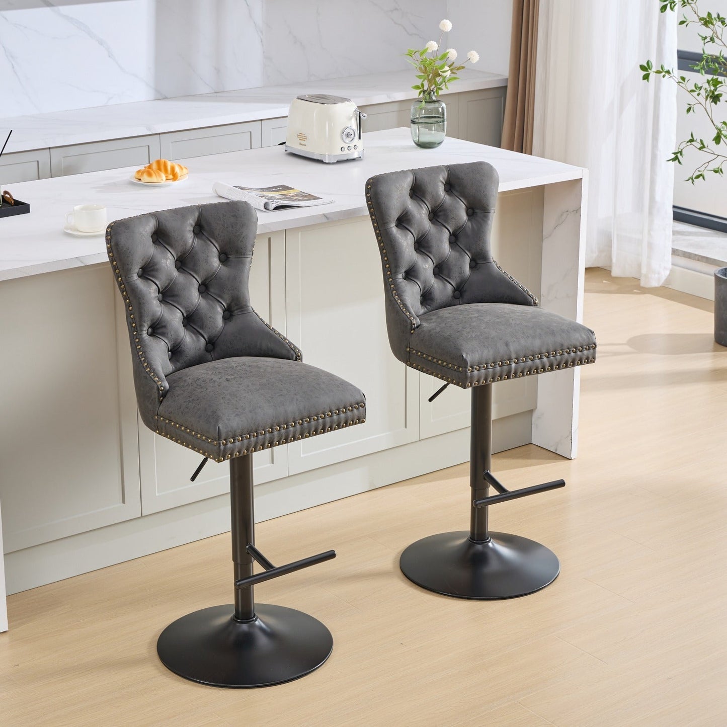 A&A Furniture,Aged and Retro PU Swivel Barstools Adjusatble Seat Height from 26 - 33 Inch, Modern Bar Stools with Backs Comfortable Tufted for Home Pub and Kitchen Island (Black,Set of 2) - 1st Choice Furniture Direct