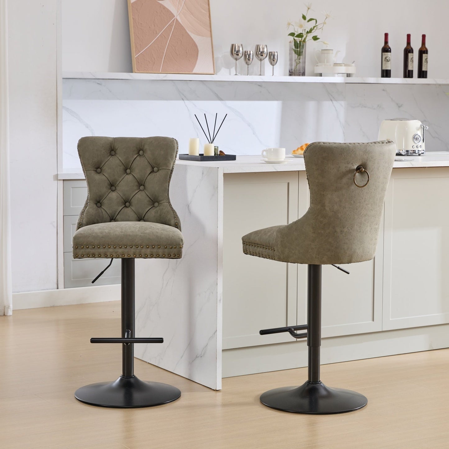 A&A Furniture,Aged and Retro PU Swivel Barstools Adjusatble Seat Height from 26 - 33 Inch, Modern Bar Stools with Backs Comfortable Tufted for Home Pub and Kitchen Island (Olive Green,Set of 2) - 1st Choice Furniture Direct