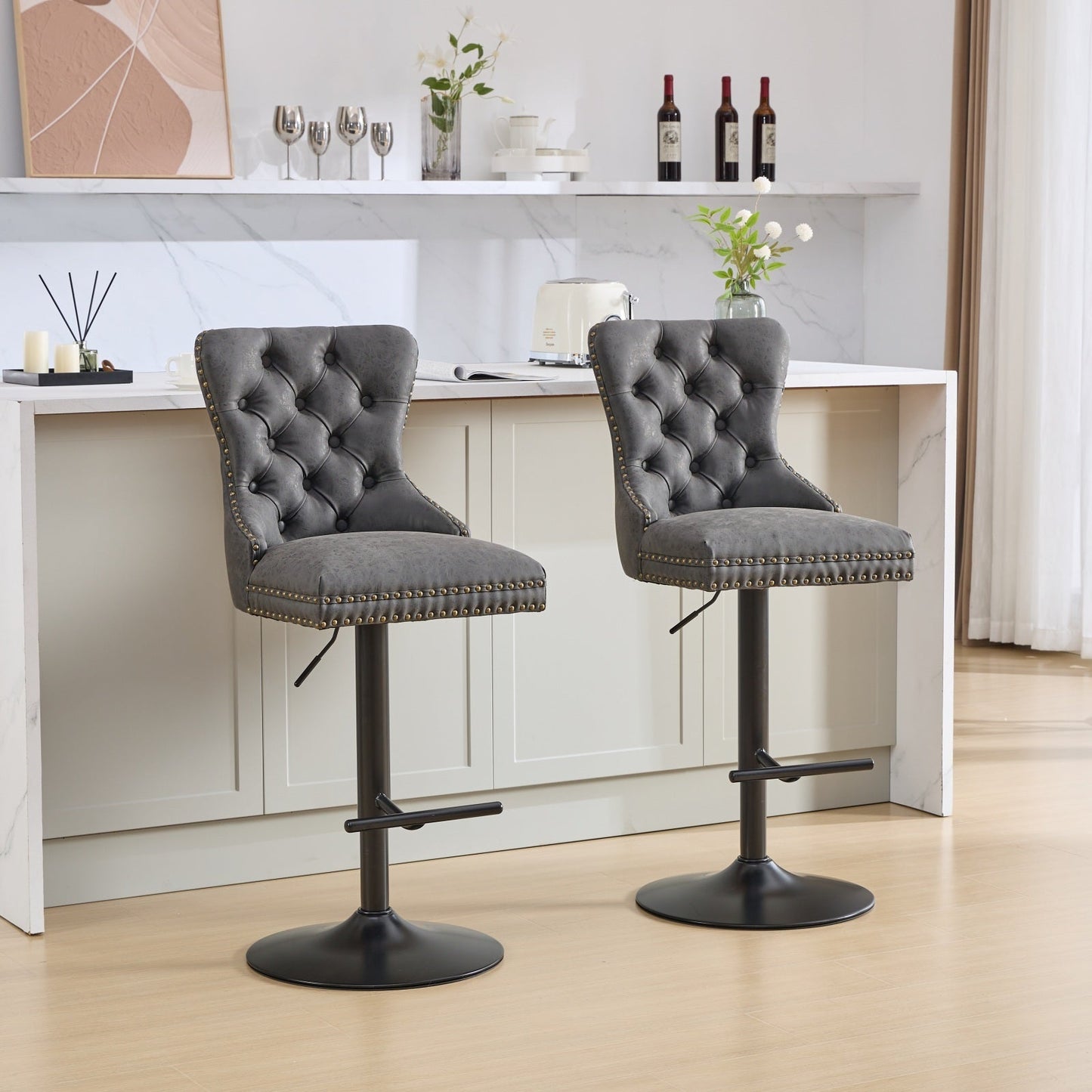 A&A Furniture,Aged and Retro PU Swivel Barstools Adjusatble Seat Height from 26 - 33 Inch, Modern Bar Stools with Backs Comfortable Tufted for Home Pub and Kitchen Island (Black,Set of 2) - 1st Choice Furniture Direct
