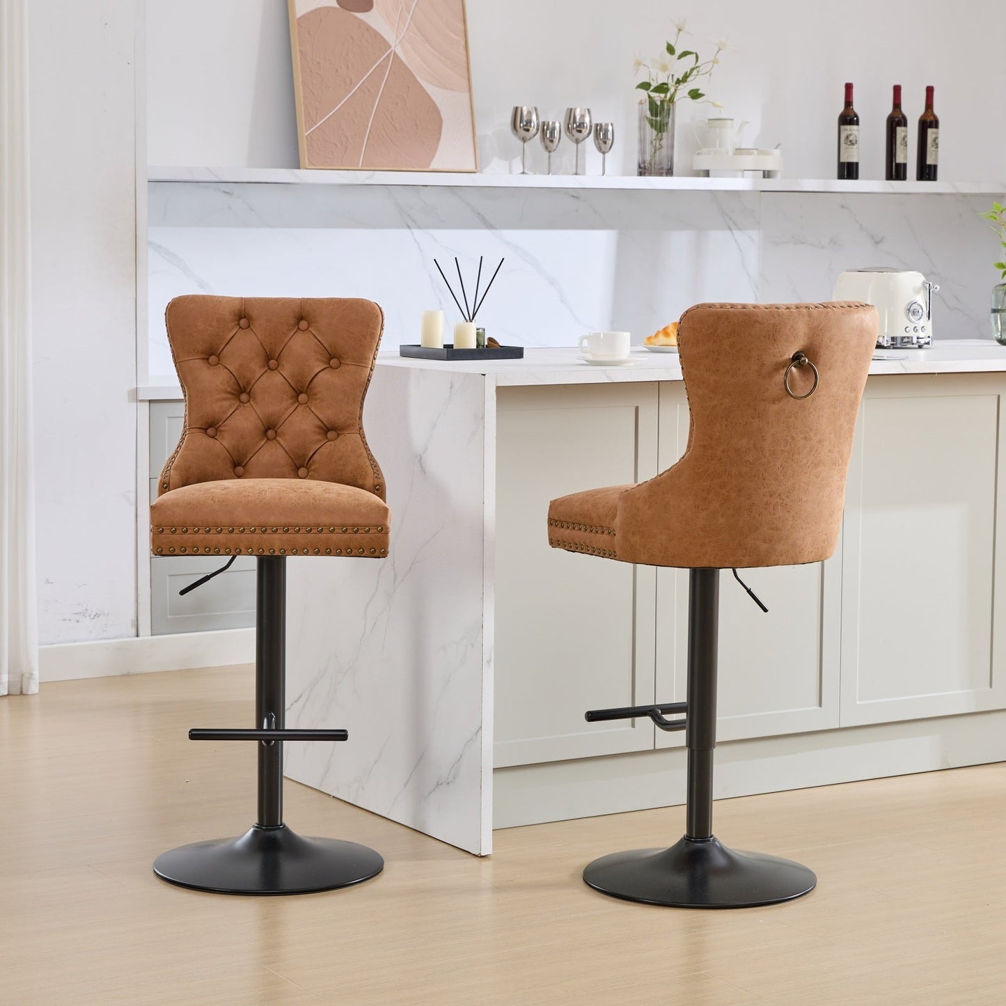 A&A Furniture,Aged and Retro PU Swivel Barstools Adjusatble Seat Height from 26 - 33 Inch, Modern Bar Stools with Backs Comfortable Tufted for Home Pub and Kitchen Island (Orange,Set of 2) - 1st Choice Furniture Direct