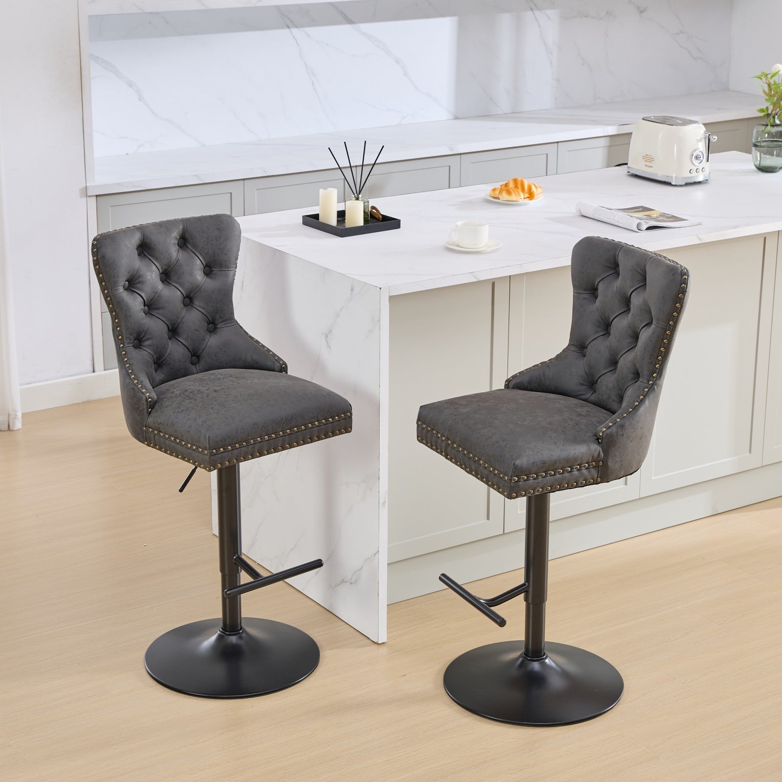 A&A Furniture,Aged and Retro PU Swivel Barstools Adjusatble Seat Height from 26 - 33 Inch, Modern Bar Stools with Backs Comfortable Tufted for Home Pub and Kitchen Island (Black,Set of 2) - 1st Choice Furniture Direct
