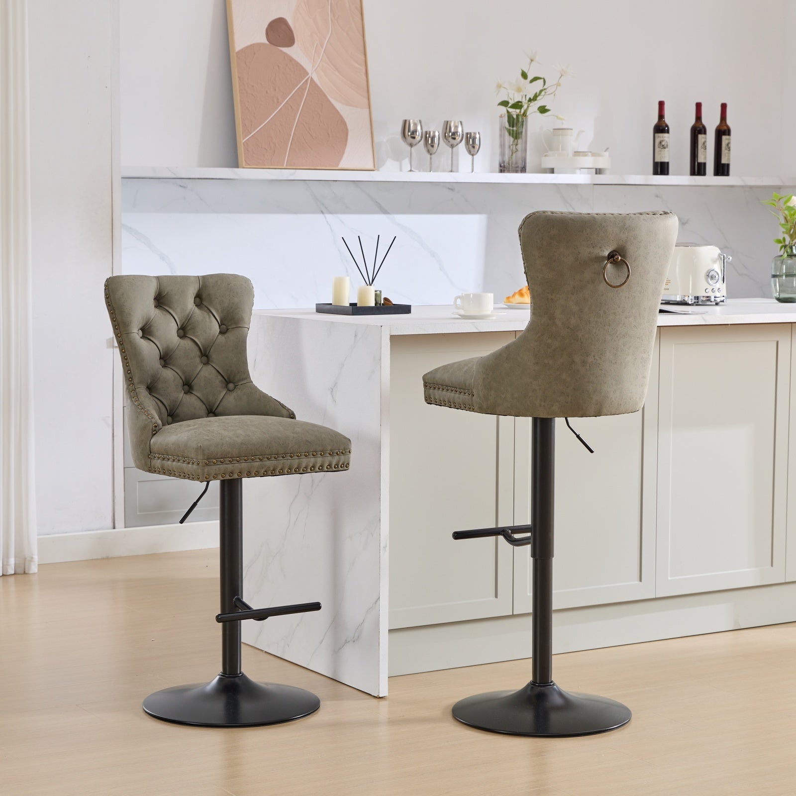 A&A Furniture,Aged and Retro PU Swivel Barstools Adjusatble Seat Height from 26 - 33 Inch, Modern Bar Stools with Backs Comfortable Tufted for Home Pub and Kitchen Island (Olive Green,Set of 2) - 1st Choice Furniture Direct
