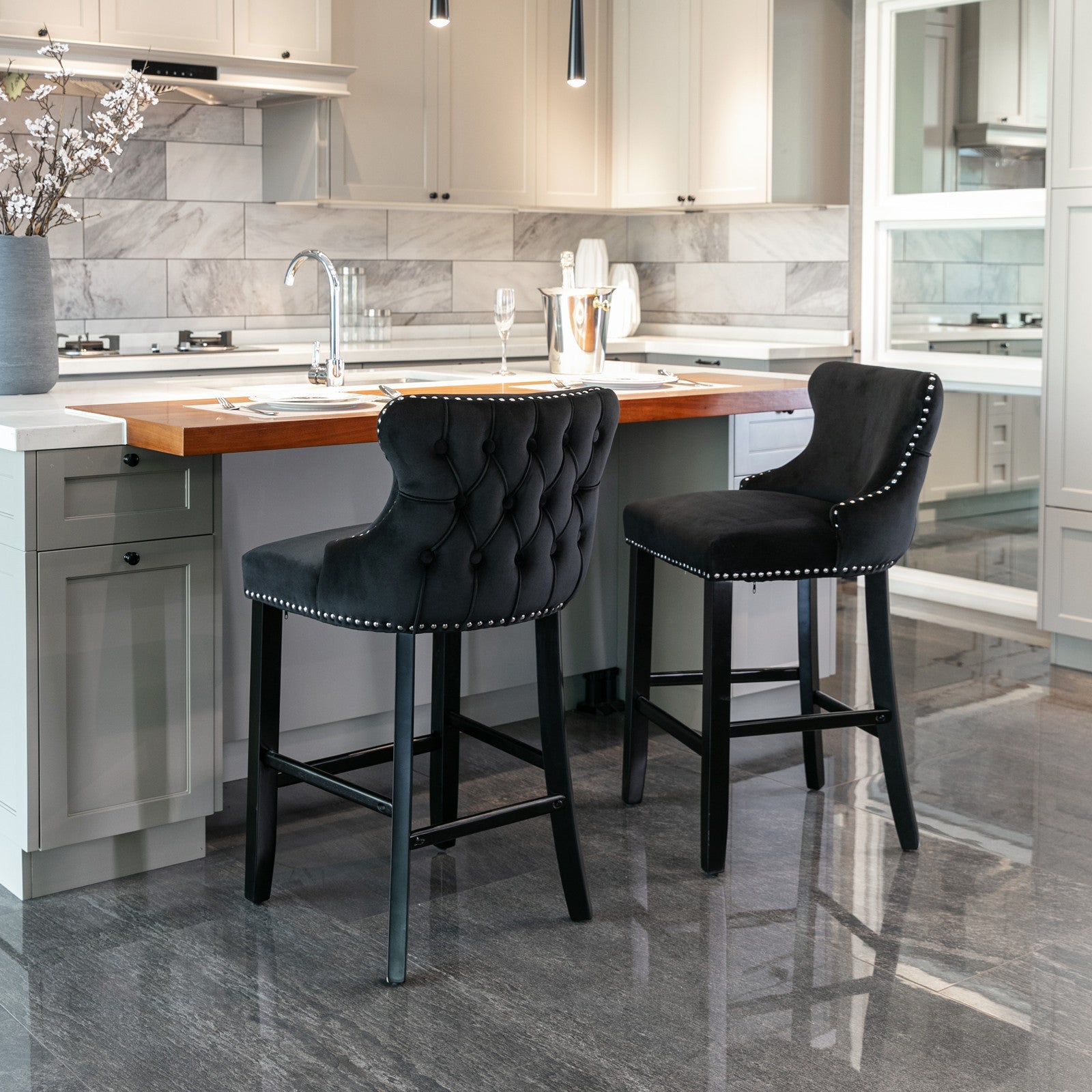 A&A Furniture,Contemporary Velvet Upholstered Wing - Back Barstools with Button Tufted Decoration and Wooden Legs, and Chrome Nailhead Trim, Leisure Style Bar Chairs,Bar stools,Set of 2 (Black),SW1824BK - 1st Choice Furniture Direct