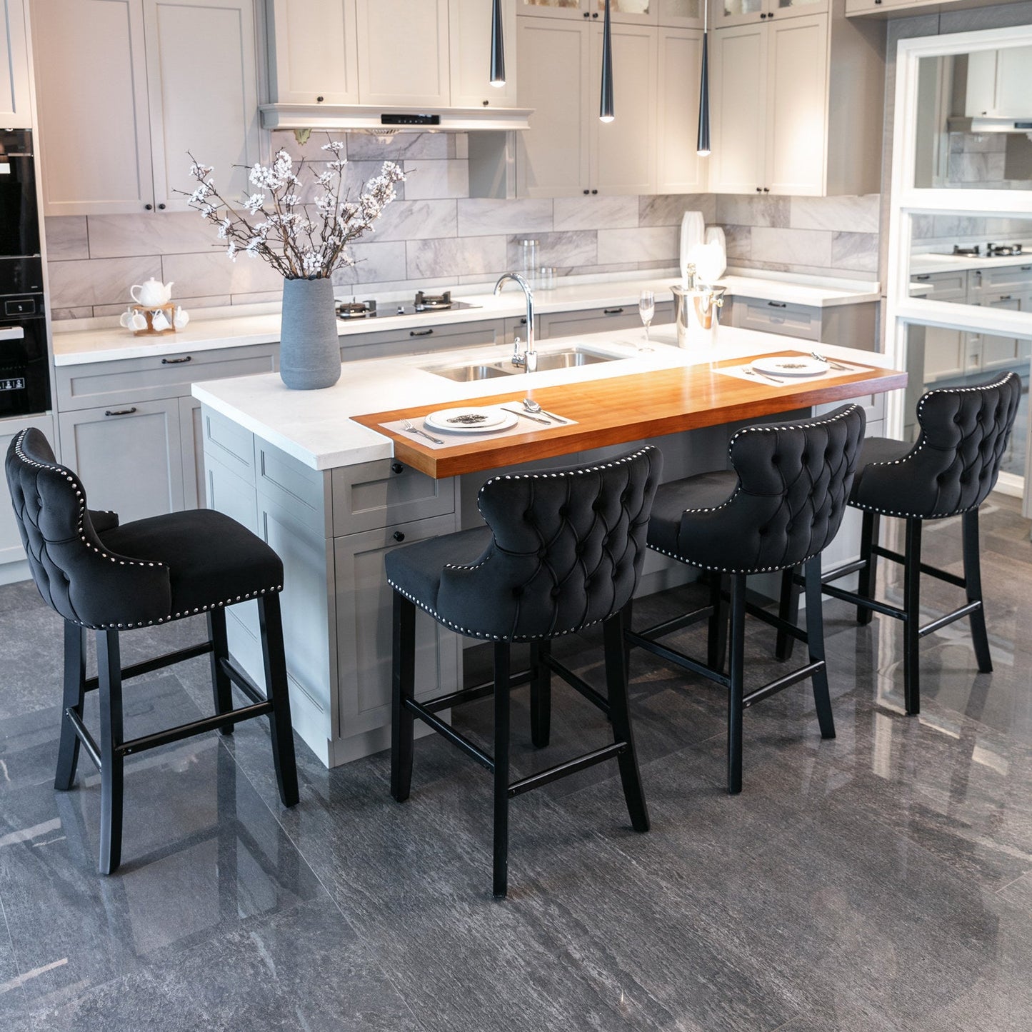 A&A Furniture,Contemporary Velvet Upholstered Wing - Back Barstools with Button Tufted Decoration and Wooden Legs, and Chrome Nailhead Trim, Leisure Style Bar Chairs,Bar stools,Set of 2 (Black),SW1824BK - 1st Choice Furniture Direct
