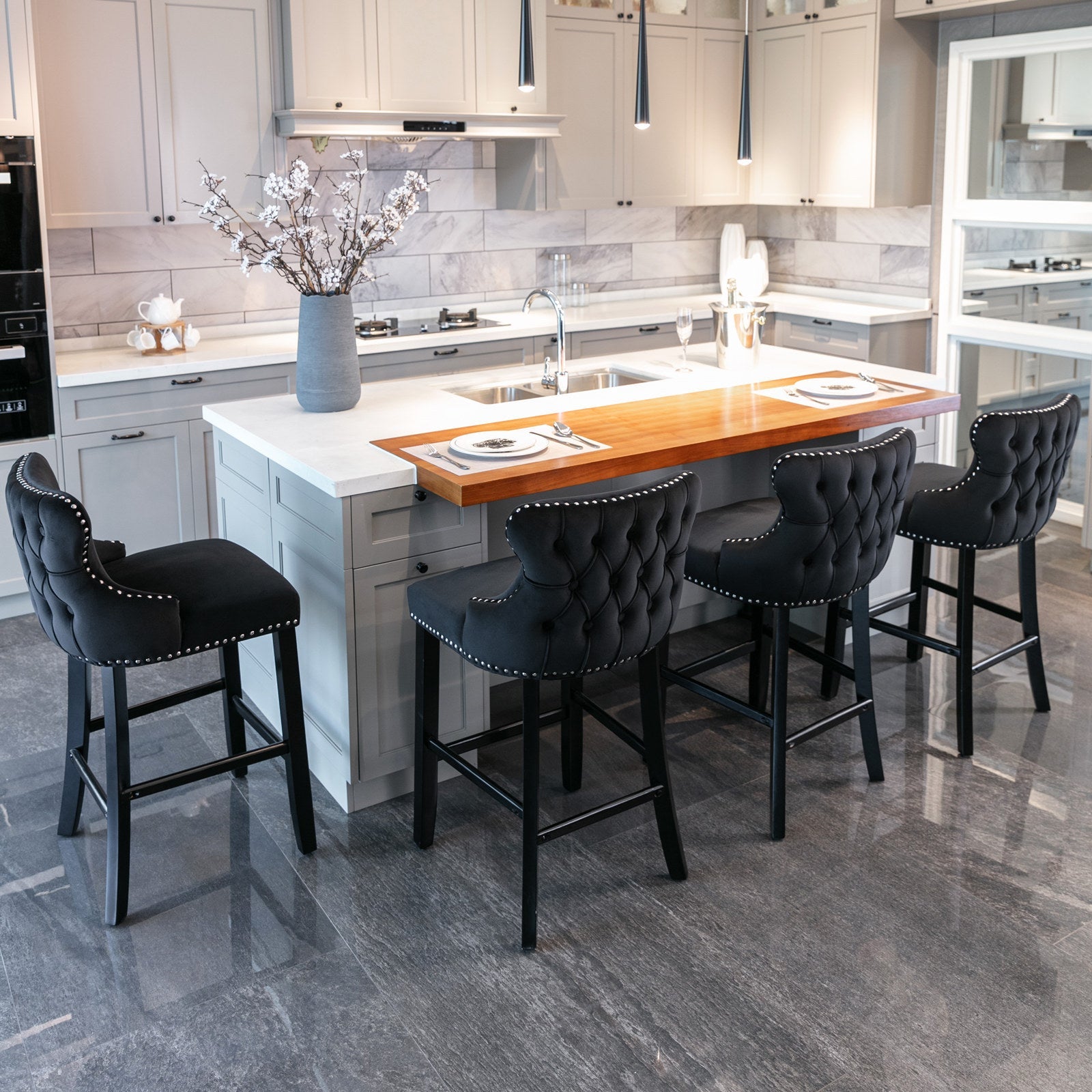 A&A Furniture,Contemporary Velvet Upholstered Wing - Back Barstools with Button Tufted Decoration and Wooden Legs, and Chrome Nailhead Trim, Leisure Style Bar Chairs,Bar stools,Set of 2 (Black),SW1824BK - 1st Choice Furniture Direct
