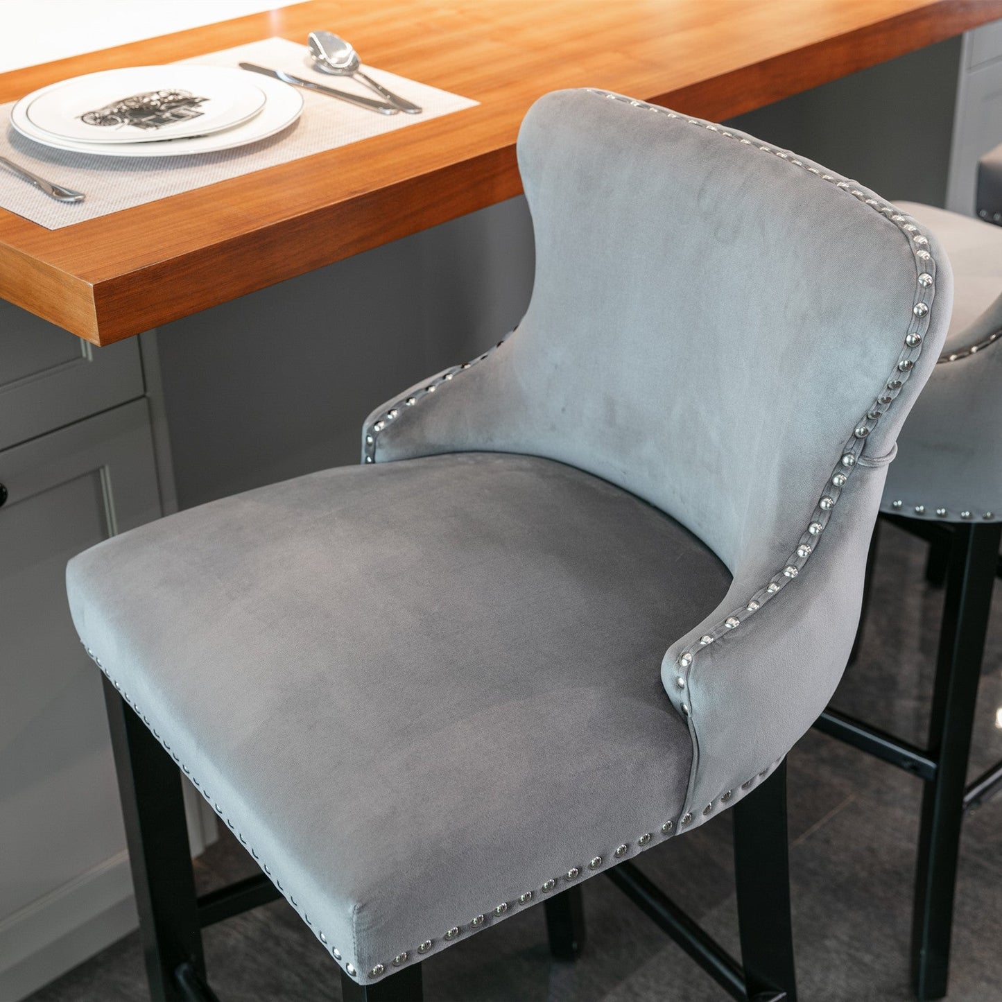 A&A Furniture,Contemporary Velvet Upholstered Wing - Back Barstools with Button Tufted Decoration and Wooden Legs, and Chrome Nailhead Trim, Leisure Style Bar Chairs,Bar stools, Set of 2 (Gray),SW1824GY - 1st Choice Furniture Direct