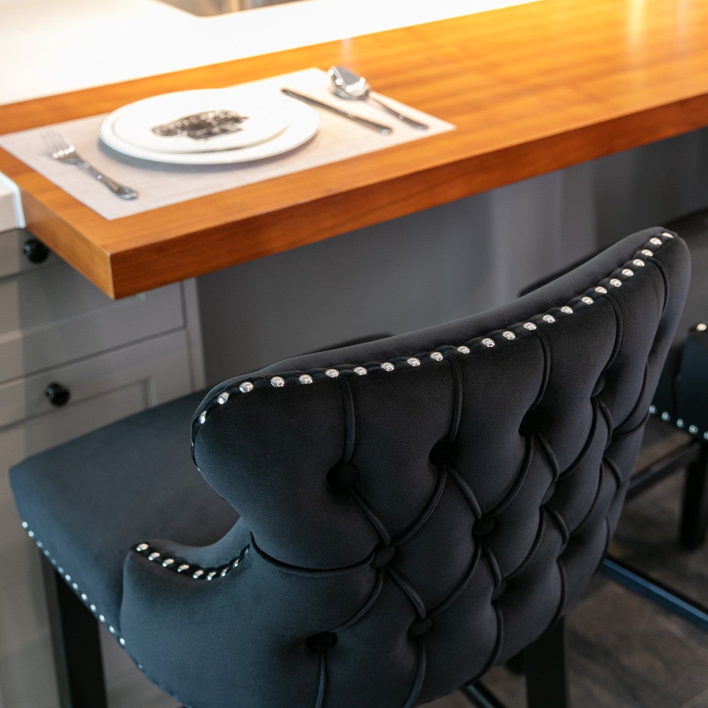 A&A Furniture,Contemporary Velvet Upholstered Wing - Back Barstools with Button Tufted Decoration and Wooden Legs, and Chrome Nailhead Trim, Leisure Style Bar Chairs,Bar stools,Set of 2 (Black),SW1824BK - 1st Choice Furniture Direct