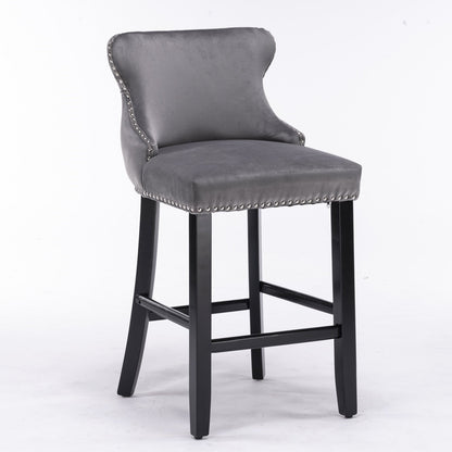 A&A Furniture,Contemporary Velvet Upholstered Wing - Back Barstools with Button Tufted Decoration and Wooden Legs, and Chrome Nailhead Trim, Leisure Style Bar Chairs,Bar stools, Set of 2 (Gray),SW1824GY - 1st Choice Furniture Direct