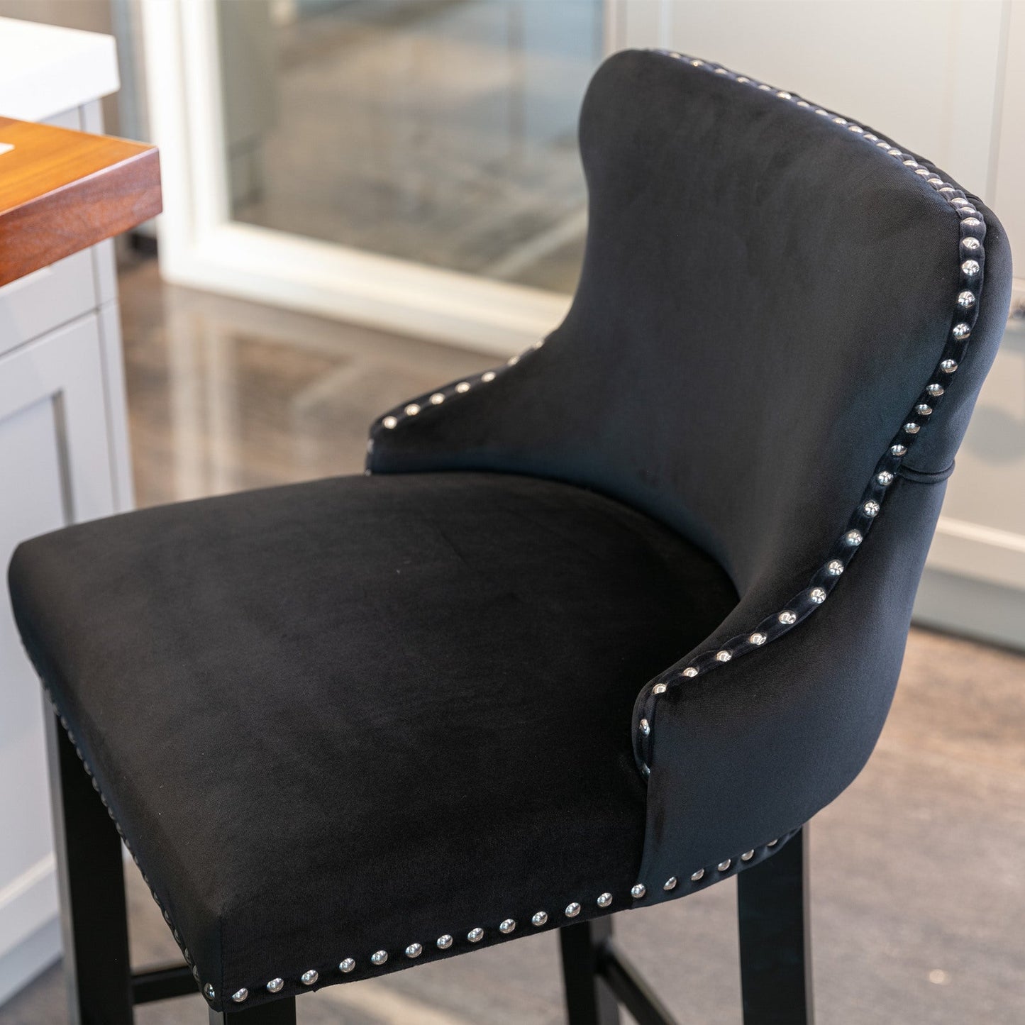 A&A Furniture,Contemporary Velvet Upholstered Wing - Back Barstools with Button Tufted Decoration and Wooden Legs, and Chrome Nailhead Trim, Leisure Style Bar Chairs,Bar stools,Set of 2 (Black),SW1824BK - 1st Choice Furniture Direct