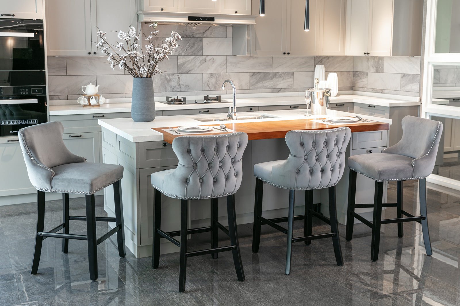 A&A Furniture,Contemporary Velvet Upholstered Wing - Back Barstools with Button Tufted Decoration and Wooden Legs, and Chrome Nailhead Trim, Leisure Style Bar Chairs,Bar stools, Set of 2 (Gray),SW1824GY - 1st Choice Furniture Direct