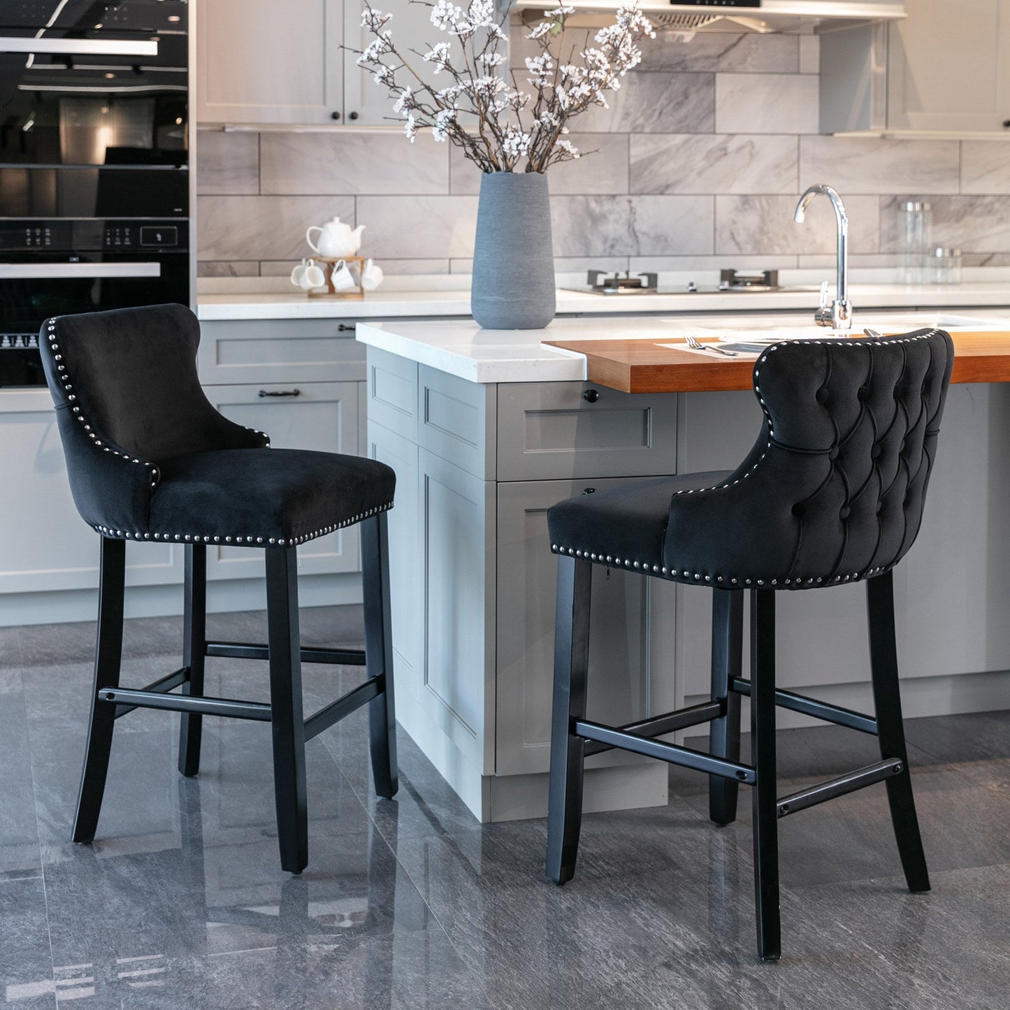 A&A Furniture,Contemporary Velvet Upholstered Wing - Back Barstools with Button Tufted Decoration and Wooden Legs, and Chrome Nailhead Trim, Leisure Style Bar Chairs,Bar stools,Set of 2 (Black),SW1824BK - 1st Choice Furniture Direct
