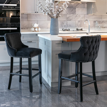 A&A Furniture,Contemporary Velvet Upholstered Wing - Back Barstools with Button Tufted Decoration and Wooden Legs, and Chrome Nailhead Trim, Leisure Style Bar Chairs,Bar stools,Set of 2 (Black),SW1824BK - 1st Choice Furniture Direct