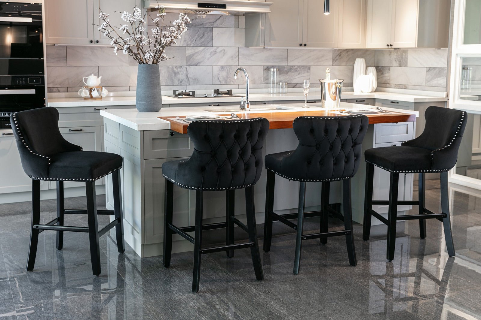 A&A Furniture,Contemporary Velvet Upholstered Wing - Back Barstools with Button Tufted Decoration and Wooden Legs, and Chrome Nailhead Trim, Leisure Style Bar Chairs,Bar stools,Set of 2 (Black),SW1824BK - 1st Choice Furniture Direct