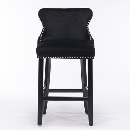 A&A Furniture,Contemporary Velvet Upholstered Wing - Back Barstools with Button Tufted Decoration and Wooden Legs, and Chrome Nailhead Trim, Leisure Style Bar Chairs,Bar stools,Set of 2 (Black),SW1824BK - 1st Choice Furniture Direct