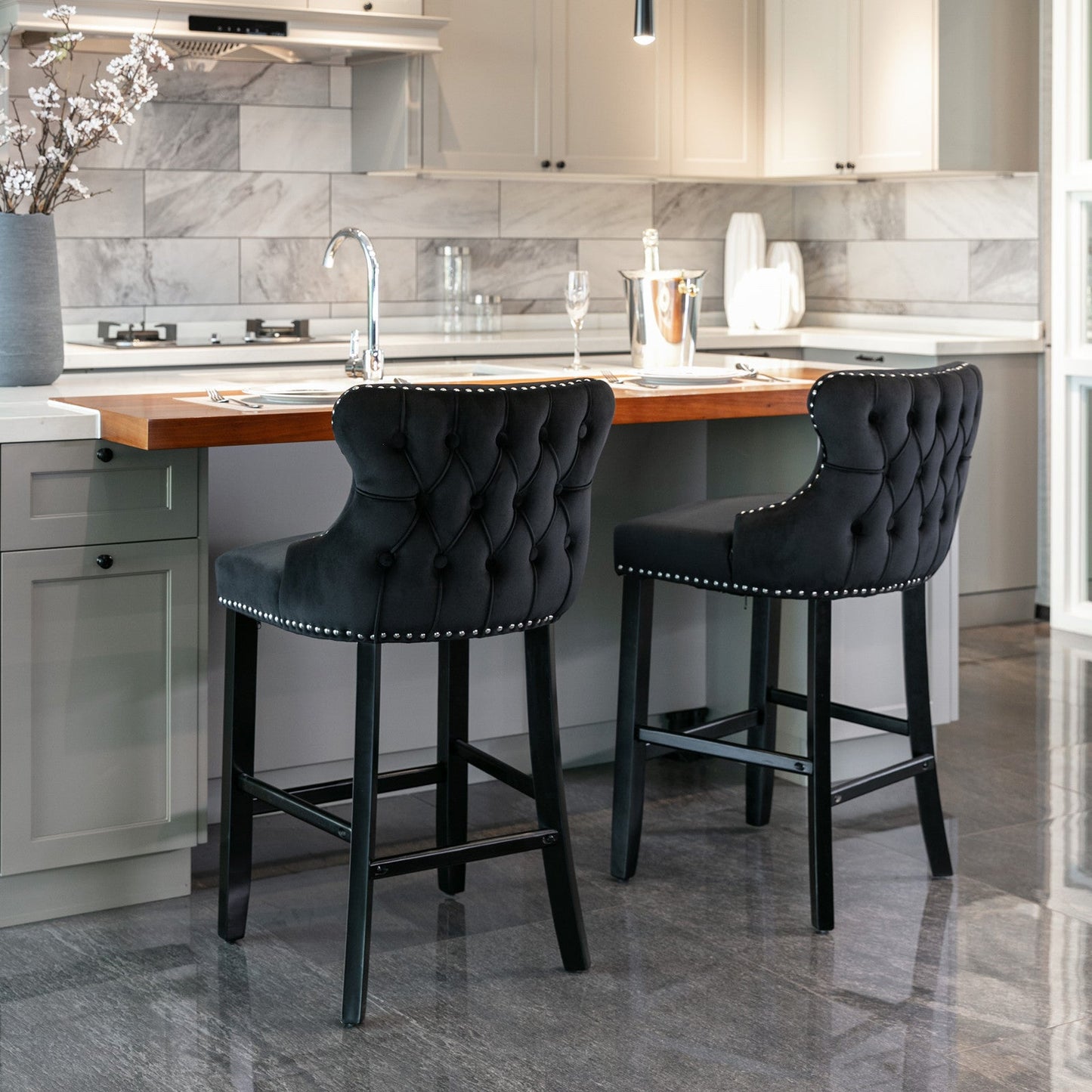 A&A Furniture,Contemporary Velvet Upholstered Wing - Back Barstools with Button Tufted Decoration and Wooden Legs, and Chrome Nailhead Trim, Leisure Style Bar Chairs,Bar stools,Set of 2 (Black),SW1824BK - 1st Choice Furniture Direct