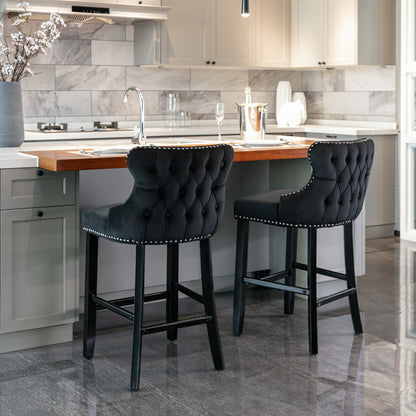 A&A Furniture,Contemporary Velvet Upholstered Wing - Back Barstools with Button Tufted Decoration and Wooden Legs, and Chrome Nailhead Trim, Leisure Style Bar Chairs,Bar stools,Set of 2 (Black),SW1824BK - 1st Choice Furniture Direct