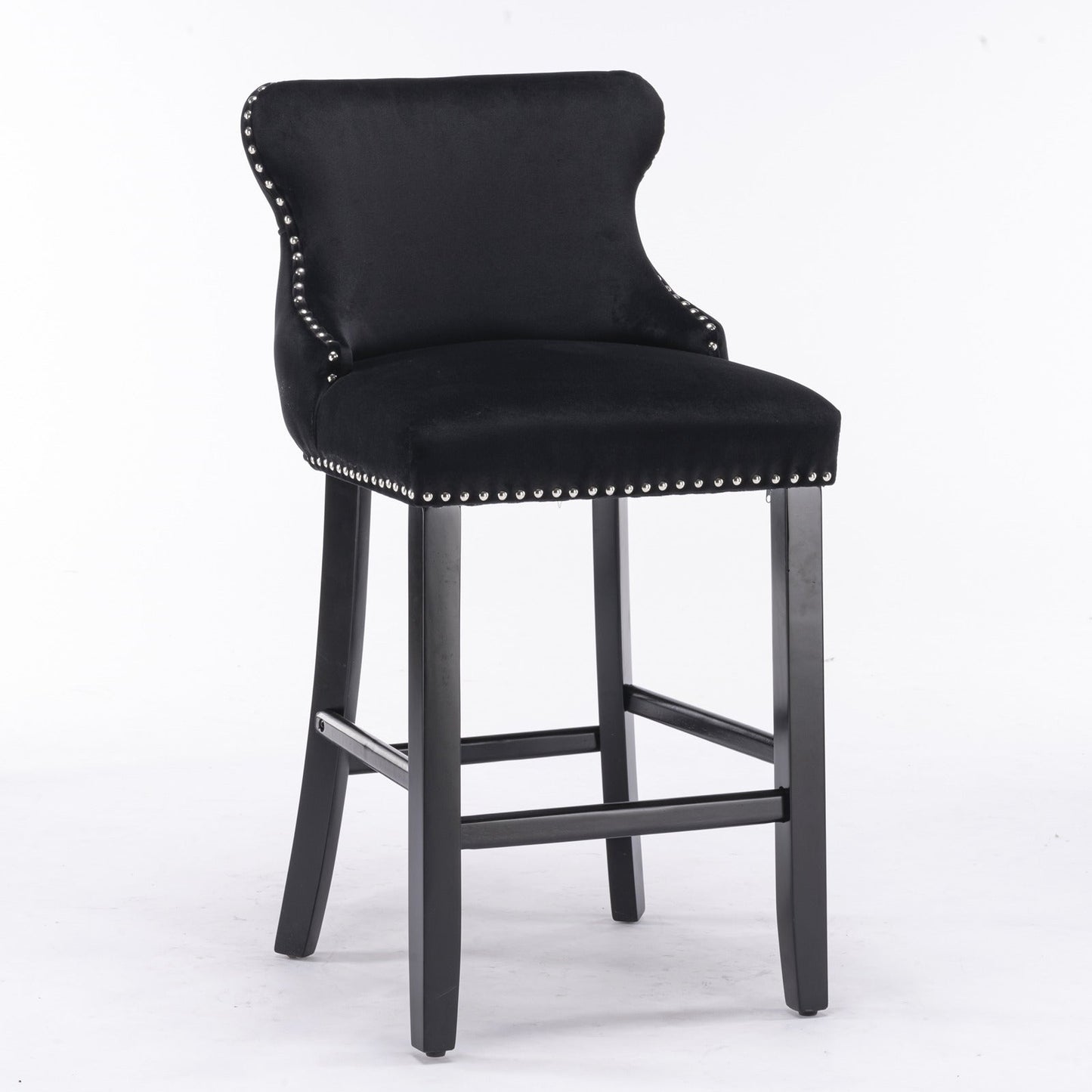 A&A Furniture,Contemporary Velvet Upholstered Wing - Back Barstools with Button Tufted Decoration and Wooden Legs, and Chrome Nailhead Trim, Leisure Style Bar Chairs,Bar stools,Set of 2 (Black),SW1824BK - 1st Choice Furniture Direct