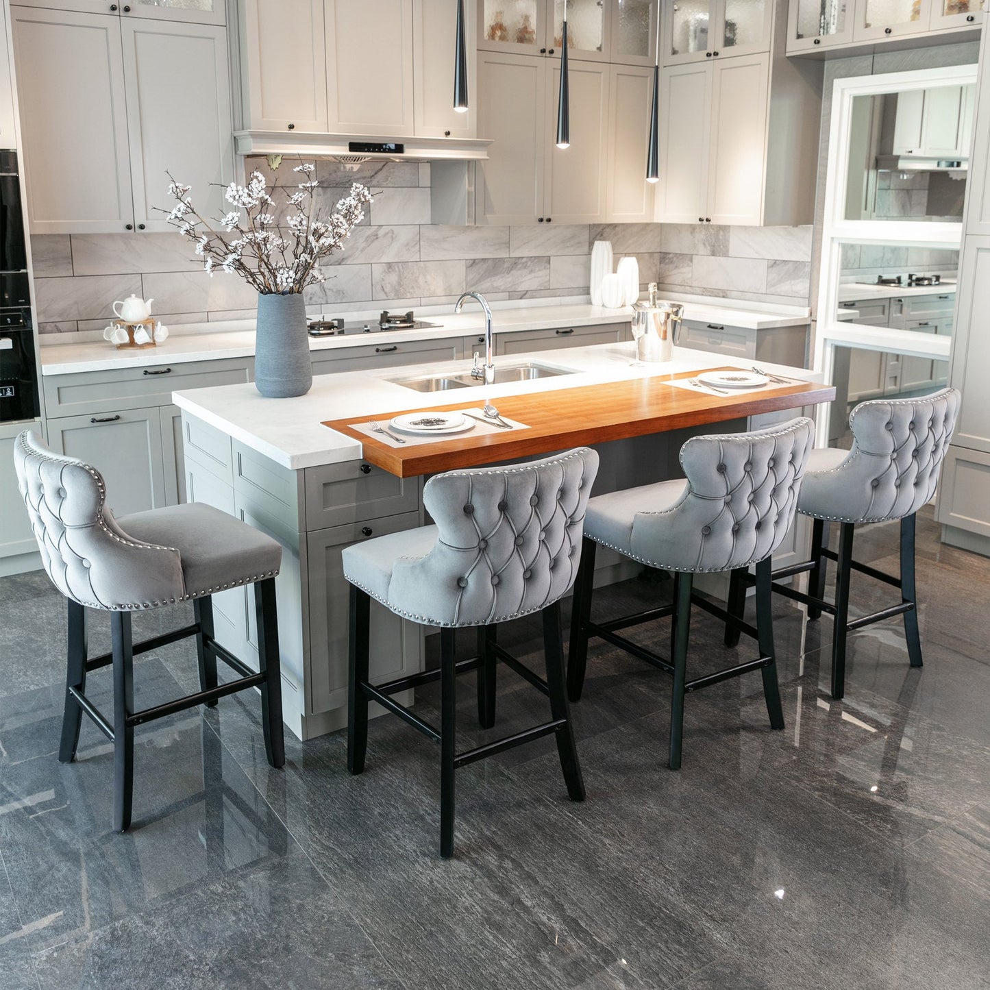 A&A Furniture,Contemporary Velvet Upholstered Wing - Back Barstools with Button Tufted Decoration and Wooden Legs, and Chrome Nailhead Trim, Leisure Style Bar Chairs,Bar stools, Set of 2 (Gray),SW1824GY - 1st Choice Furniture Direct
