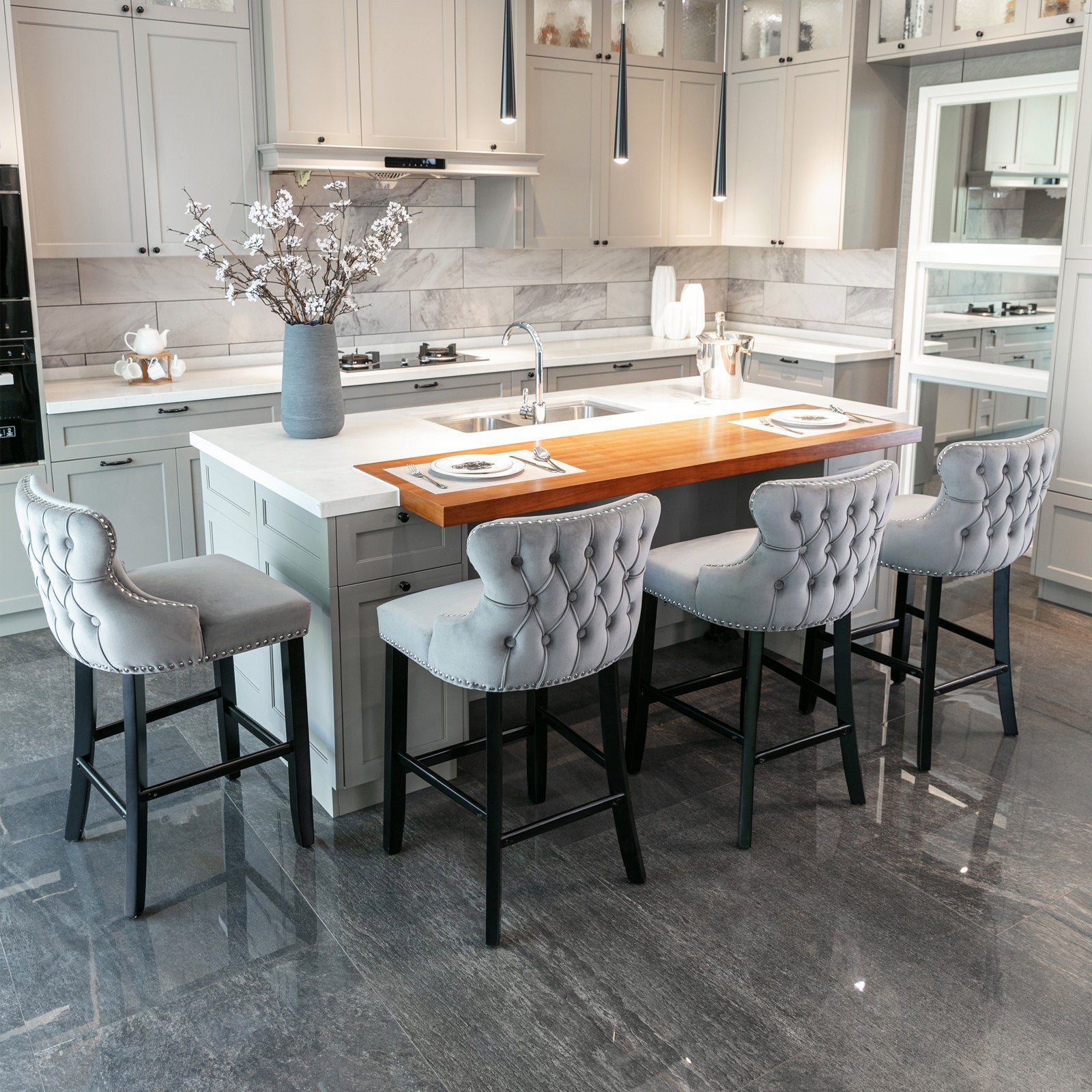 A&A Furniture,Contemporary Velvet Upholstered Wing - Back Barstools with Button Tufted Decoration and Wooden Legs, and Chrome Nailhead Trim, Leisure Style Bar Chairs,Bar stools, Set of 2 (Gray),SW1824GY - 1st Choice Furniture Direct