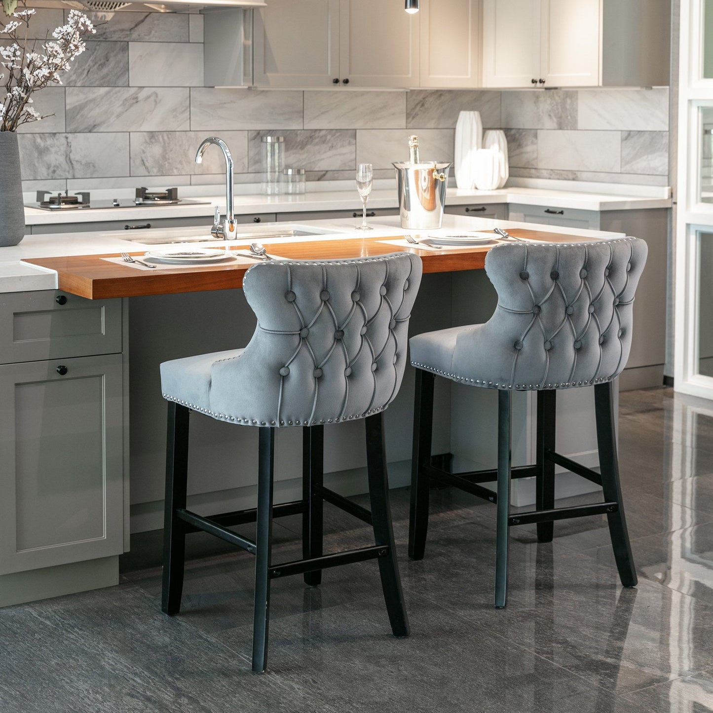 A&A Furniture,Contemporary Velvet Upholstered Wing - Back Barstools with Button Tufted Decoration and Wooden Legs, and Chrome Nailhead Trim, Leisure Style Bar Chairs,Bar stools, Set of 2 (Gray),SW1824GY - 1st Choice Furniture Direct