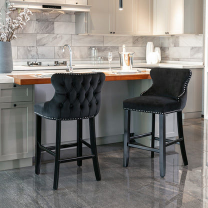 A&A Furniture,Contemporary Velvet Upholstered Wing - Back Barstools with Button Tufted Decoration and Wooden Legs, and Chrome Nailhead Trim, Leisure Style Bar Chairs,Bar stools,Set of 2 (Black),SW1824BK - 1st Choice Furniture Direct