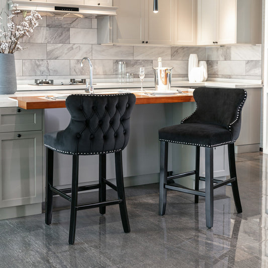 A&A Furniture,Contemporary Velvet Upholstered Wing - Back Barstools with Button Tufted Decoration and Wooden Legs, and Chrome Nailhead Trim, Leisure Style Bar Chairs,Bar stools,Set of 2 (Black),SW1824BK - 1st Choice Furniture Direct