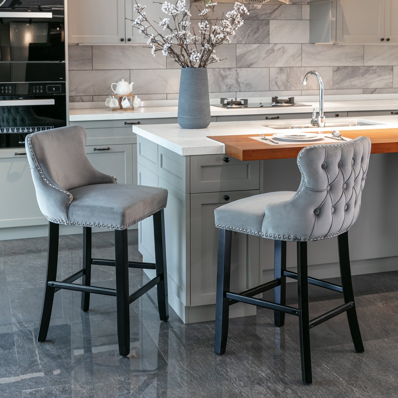 A&A Furniture,Contemporary Velvet Upholstered Wing - Back Barstools with Button Tufted Decoration and Wooden Legs, and Chrome Nailhead Trim, Leisure Style Bar Chairs,Bar stools, Set of 2 (Gray),SW1824GY - 1st Choice Furniture Direct