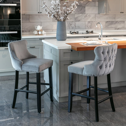 A&A Furniture,Contemporary Velvet Upholstered Wing - Back Barstools with Button Tufted Decoration and Wooden Legs, and Chrome Nailhead Trim, Leisure Style Bar Chairs,Bar stools, Set of 2 (Gray),SW1824GY - 1st Choice Furniture Direct